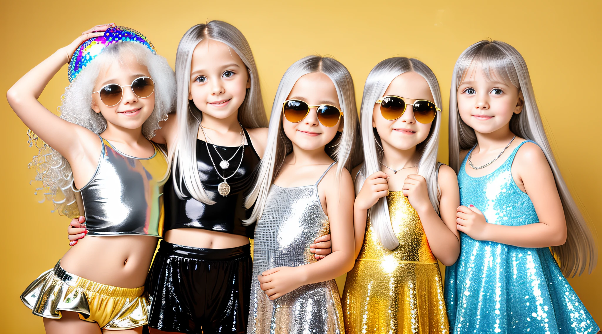 3 girlsRussian children with 10 years old, WITH LONG STRAIGHT HAIR, PORTRAIT STYLE, sunglasses holding a disco ball yellow background, disco ball, silver hair, disc smile,