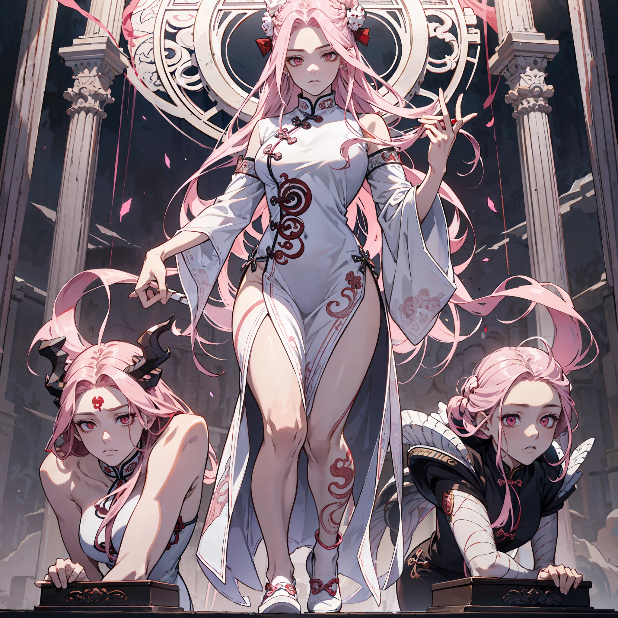 Medusa, hair composed of pink snakes, red-white eyes, ultra-detailed sea surface, skull in eye reflection, background of white stone statue of muscular man, expression of anger and hatred, symbol of the center feminine, well-structured female body, full body bow cheongsam, white shoes