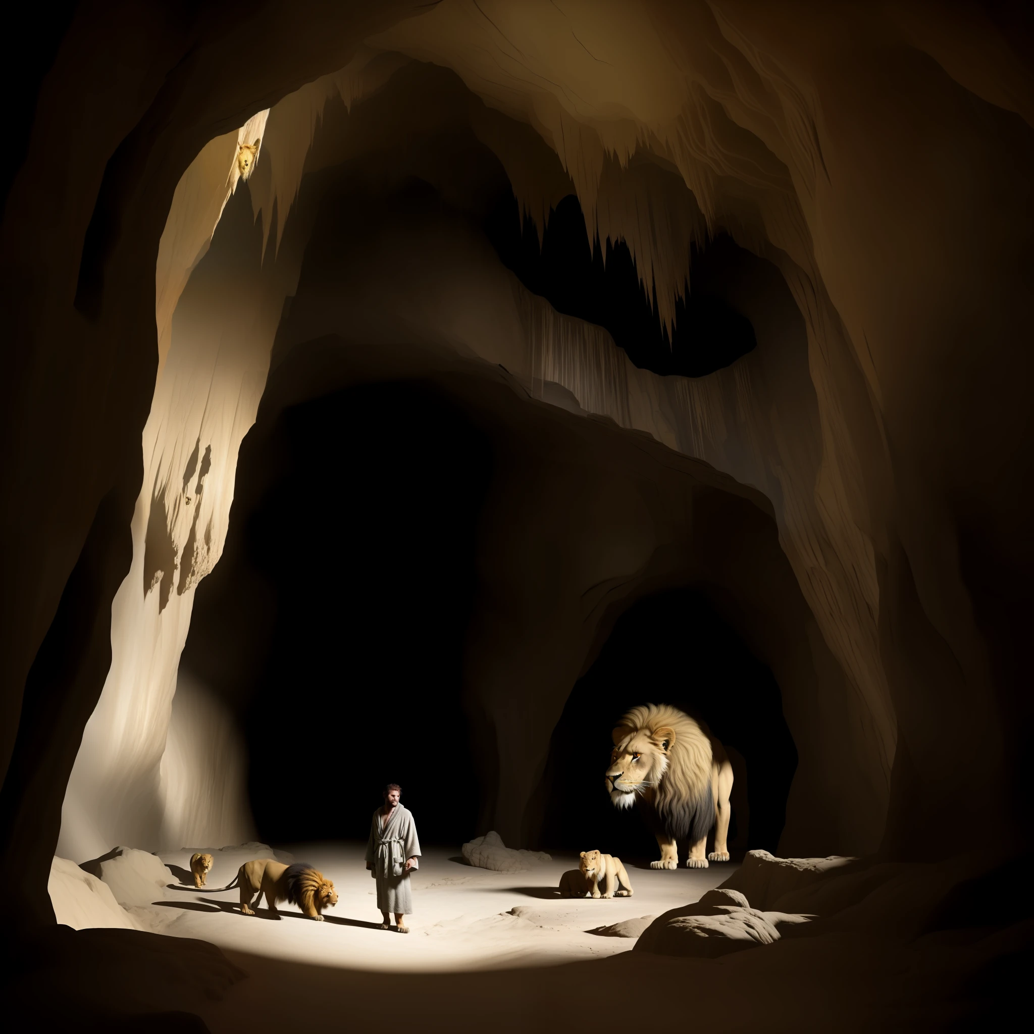 1 man in robe, inside a cave, rabid lions surrounding him, large cave, dark, ultra-realistic, hyper-detailed, masterpiece, 16k, animals