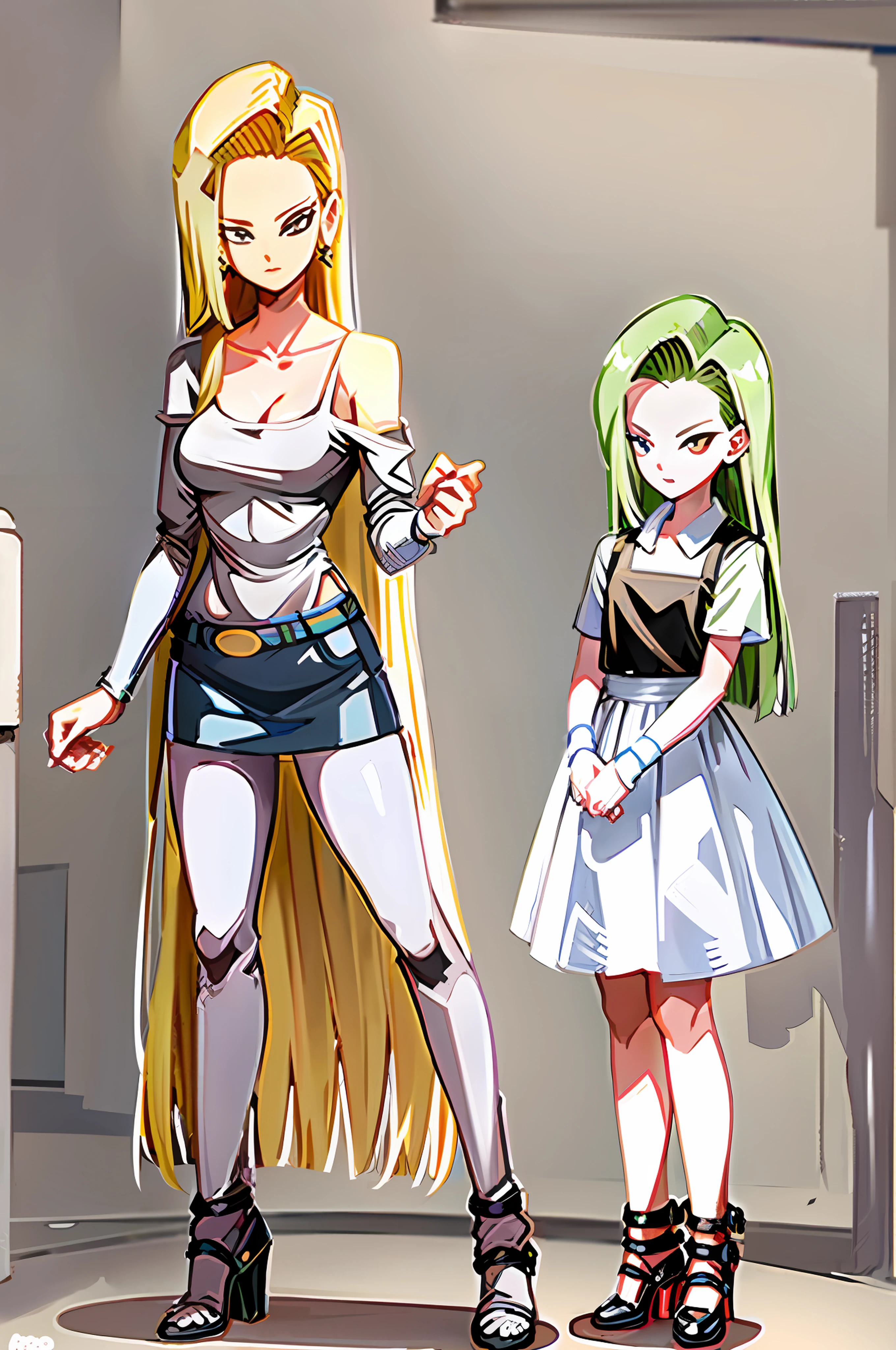 Android 18 with very long hair, wearing a top and high heeled shoes, with his daughter.