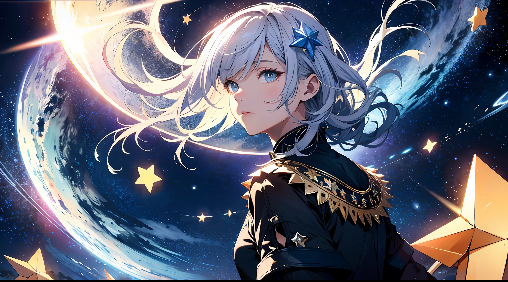 wallpaper, ridiculous resolution, high resolution, (masterpiece:1.4), super detailed, stars, seen from above, space, floating, night, delicate blue loght, --v 6