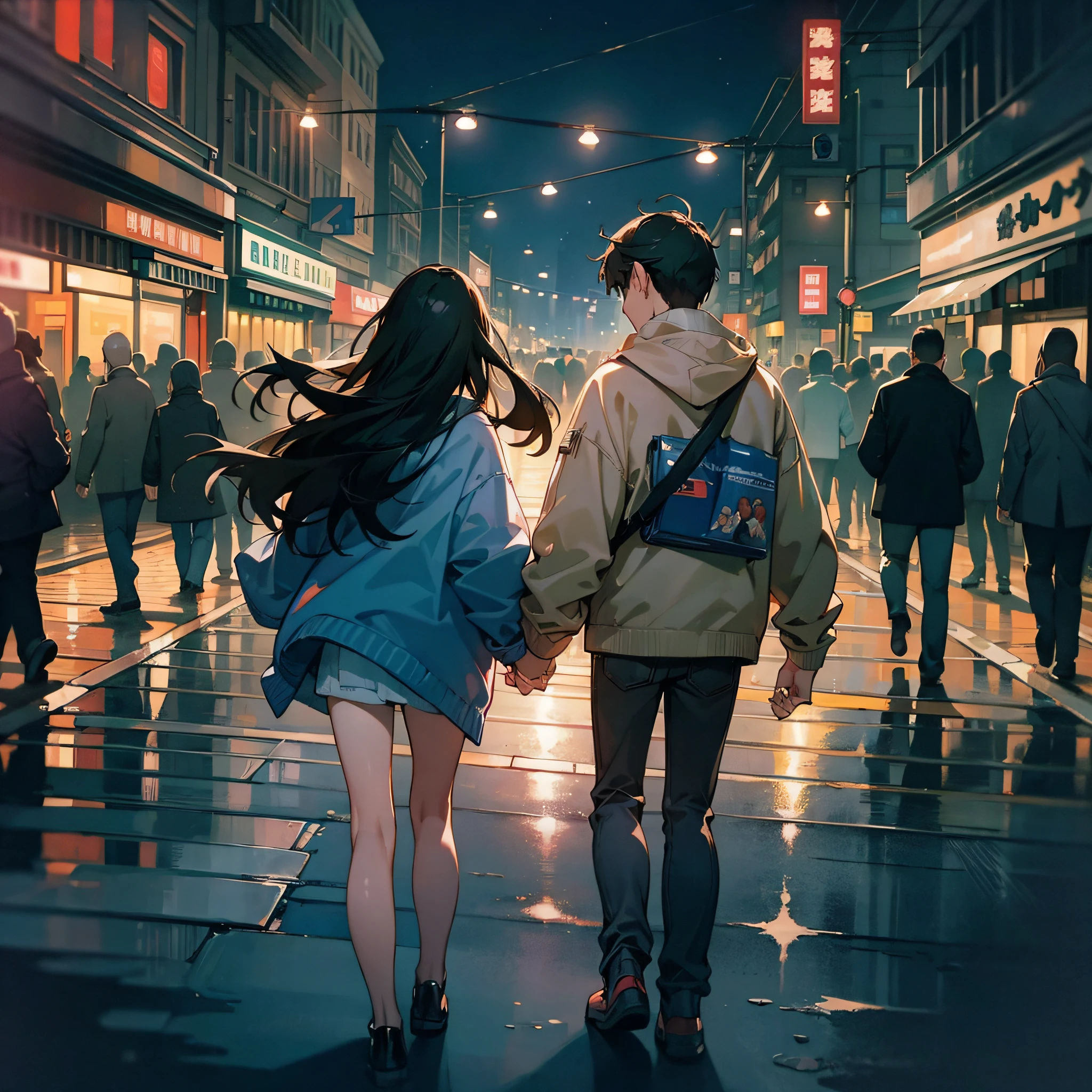 Masterpiece, best quality, a pair of boyfriends and girlfriends holding hands in the streets, intimate, lively streets, lights, advertisements, crowds