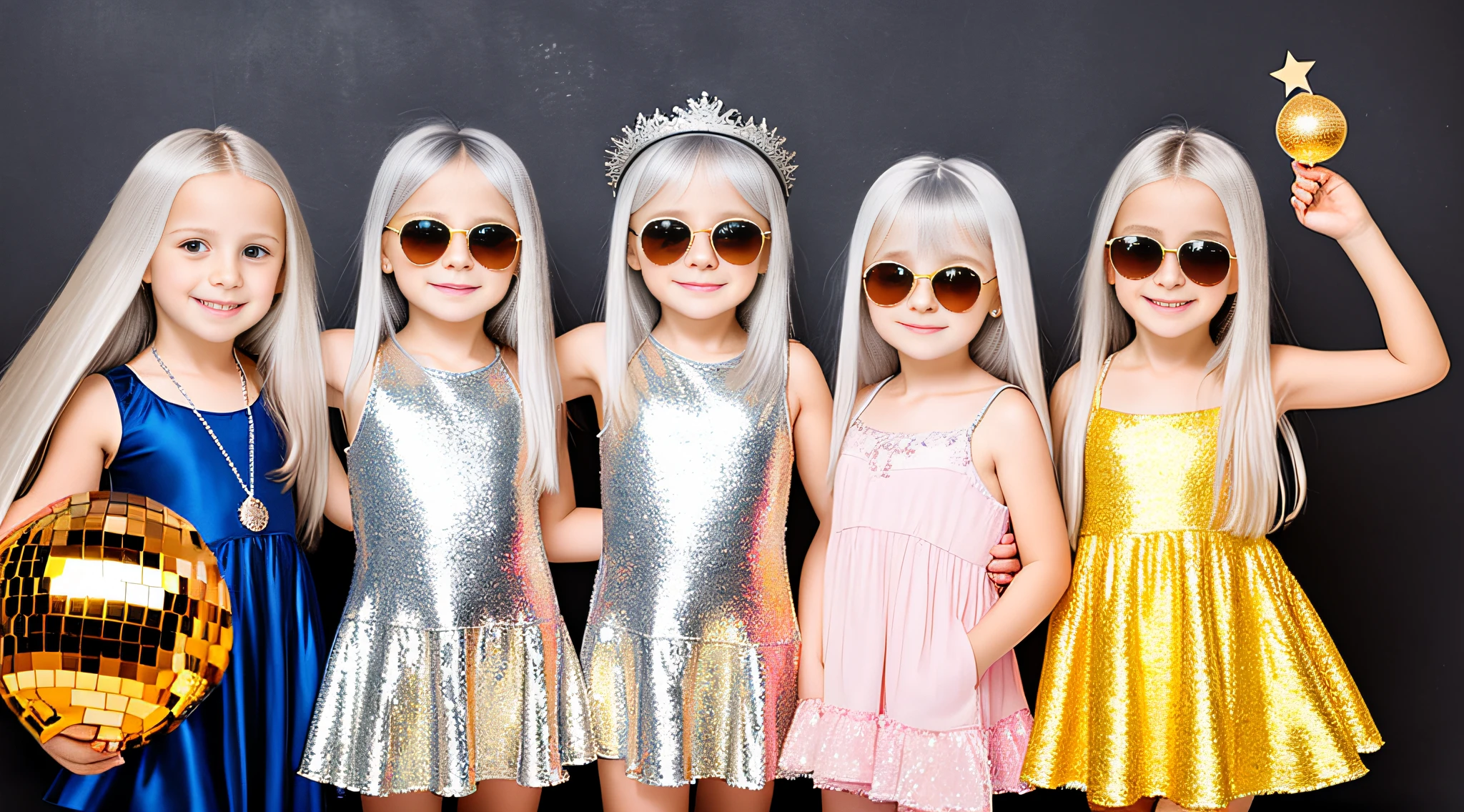 3 girlsRussian children with 10 years old, WITH LONG STRAIGHT HAIR, PORTRAIT STYLE, sunglasses holding a disco ball yellow background, disco ball, silver hair, disc smile,