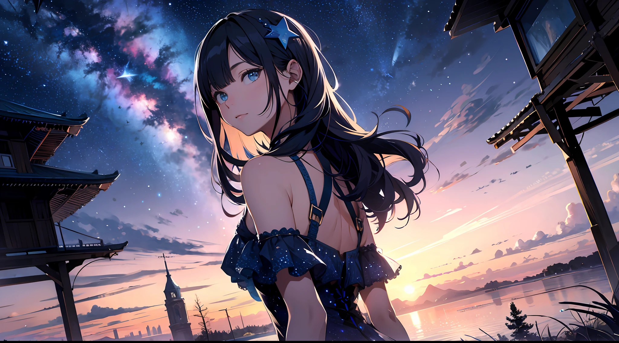 wallpaper, ridiculous resolution, high resolution, (masterpiece:1.4), super detailed, stars, seen from above, space, floating, night, delicate blue loght, --v 6