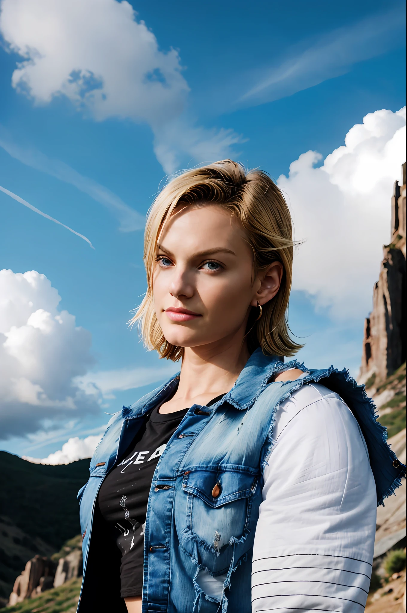 masterpiece, (photorealistic: 1.4), best quality, beautiful lighting, Android18DB, solo, earrings, jewelry, looking_at_viewer, jacket, denim, shirt, upper_body, vest, denim_jacket, cloud, sky, black_shirt, closed_mouth, day, blue_sky, outdoor, torn_clothes, striped, striped_sleeves, mountain, RAW photo, 8k uhd, film grain, blonde hair, professional photo