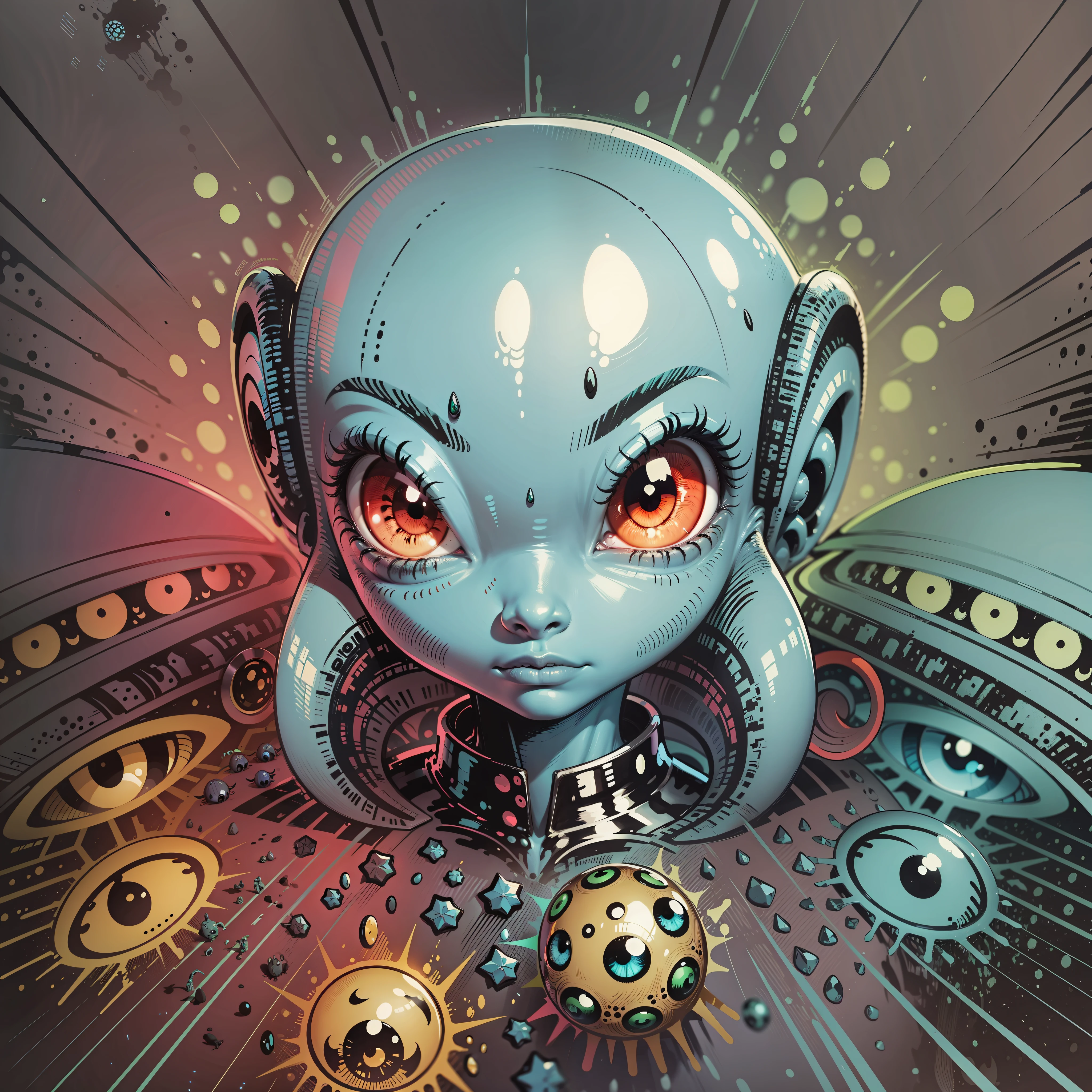 An alien with multiple eyes, each with a different color. cartoon, cool colors.