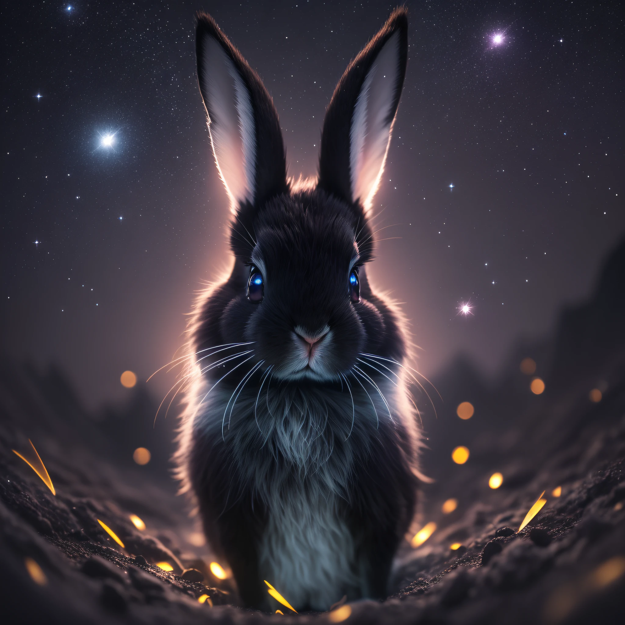 Black, Night, Bunny Ultra Close Up Photo, Fluorescent Bunny, Glow Lop Rabbit, Backlight, Star, Glow Particle, Furry, Night, Firefly, Volumetric Fog, Halo, Bloom, Dramatic Atmosphere, Center, Rule of Thirds, 200mm 1.4f Macro Shot