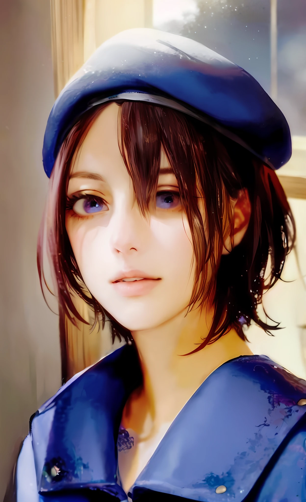 Princess eyes,1girl, portrait of jillvoth, beret, shoulder pads, blue military uniform, shirt, (blood on face), scared, afraid, parted lips, old mansion indoors, window, lightning, thunder, volumetric lighting, best quality, masterpiece, intricate details, tonemapping, sharp focus, hyper detailed, trending on Artstation, realistic,