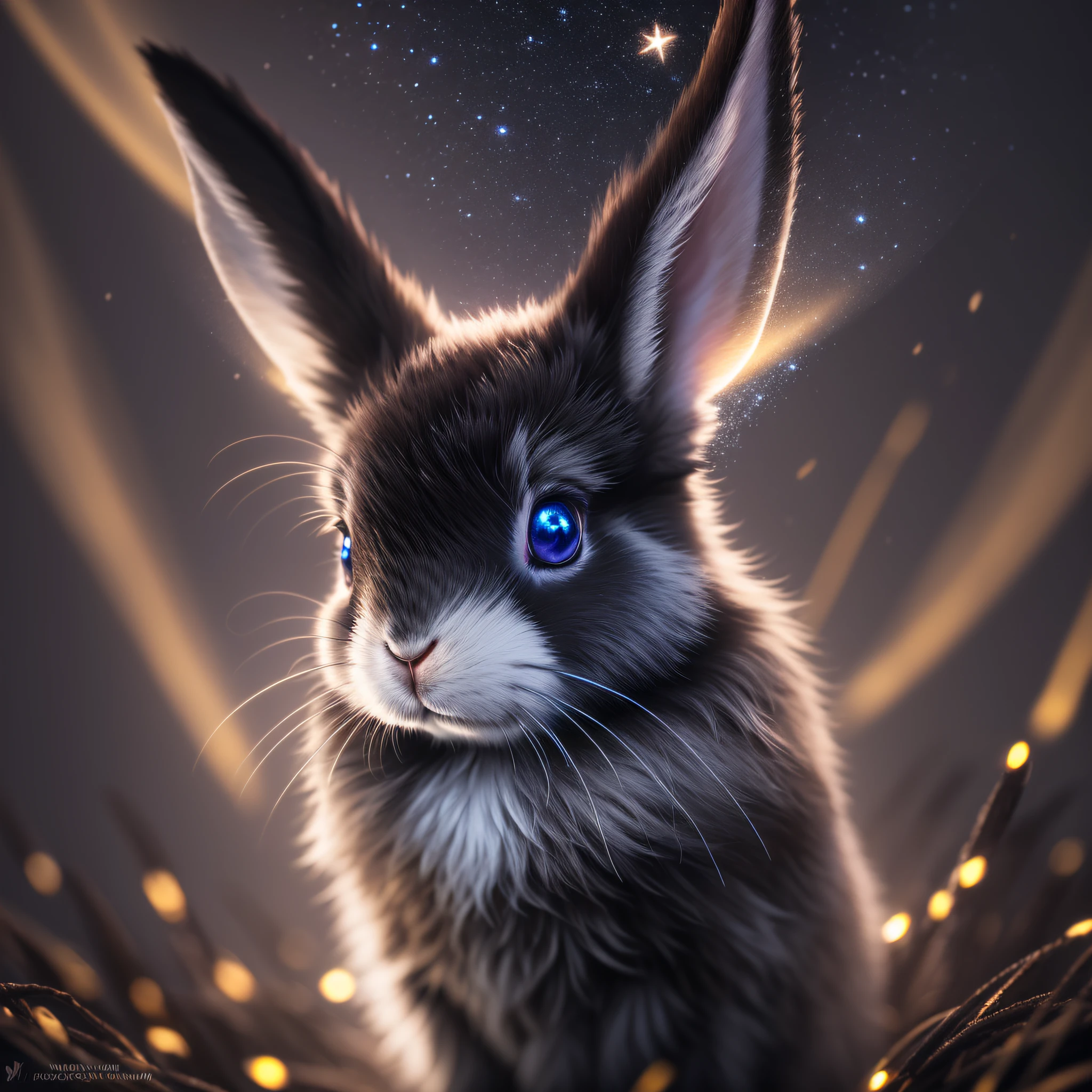 Black, Night, Bunny Ultra Close Up Photo, Fluorescent Bunny, Glow Lop Rabbit, Backlight, Star, Glow Particle, Furry, Night, Firefly, Volumetric Fog, Halo, Bloom, Dramatic Atmosphere, Center, Rule of Thirds, 200mm 1.4f Macro Shot