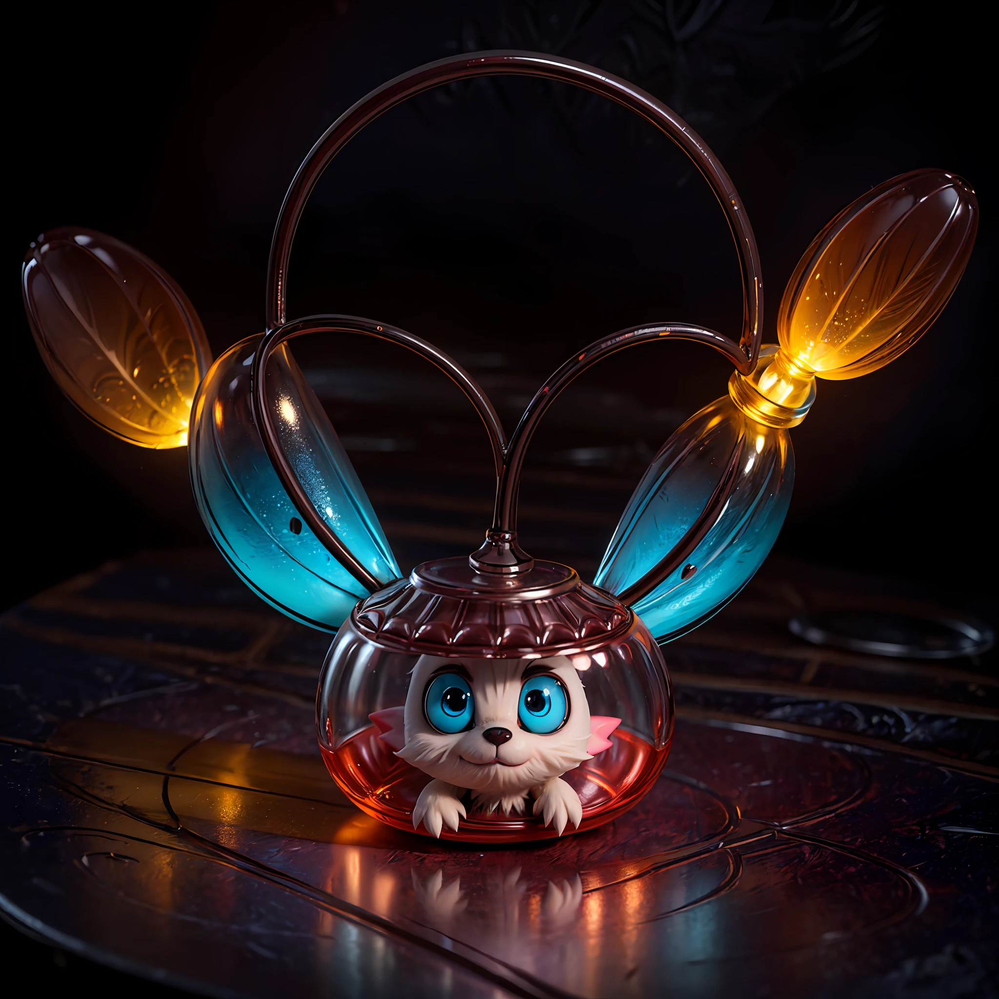 (a miniature creature with many paws in a bottle:1.35), a detailed and high-quality CG Unity 8k image, masterpiece quality, art illustration), (thanks to macro photography and detailed description, this creature is detailed and attractive, with wings, big sad eyes and glowing spots), in a dark and deep forest, with a mystical atmosphere and night lighting, (no human:1.5), (creature:1.5)