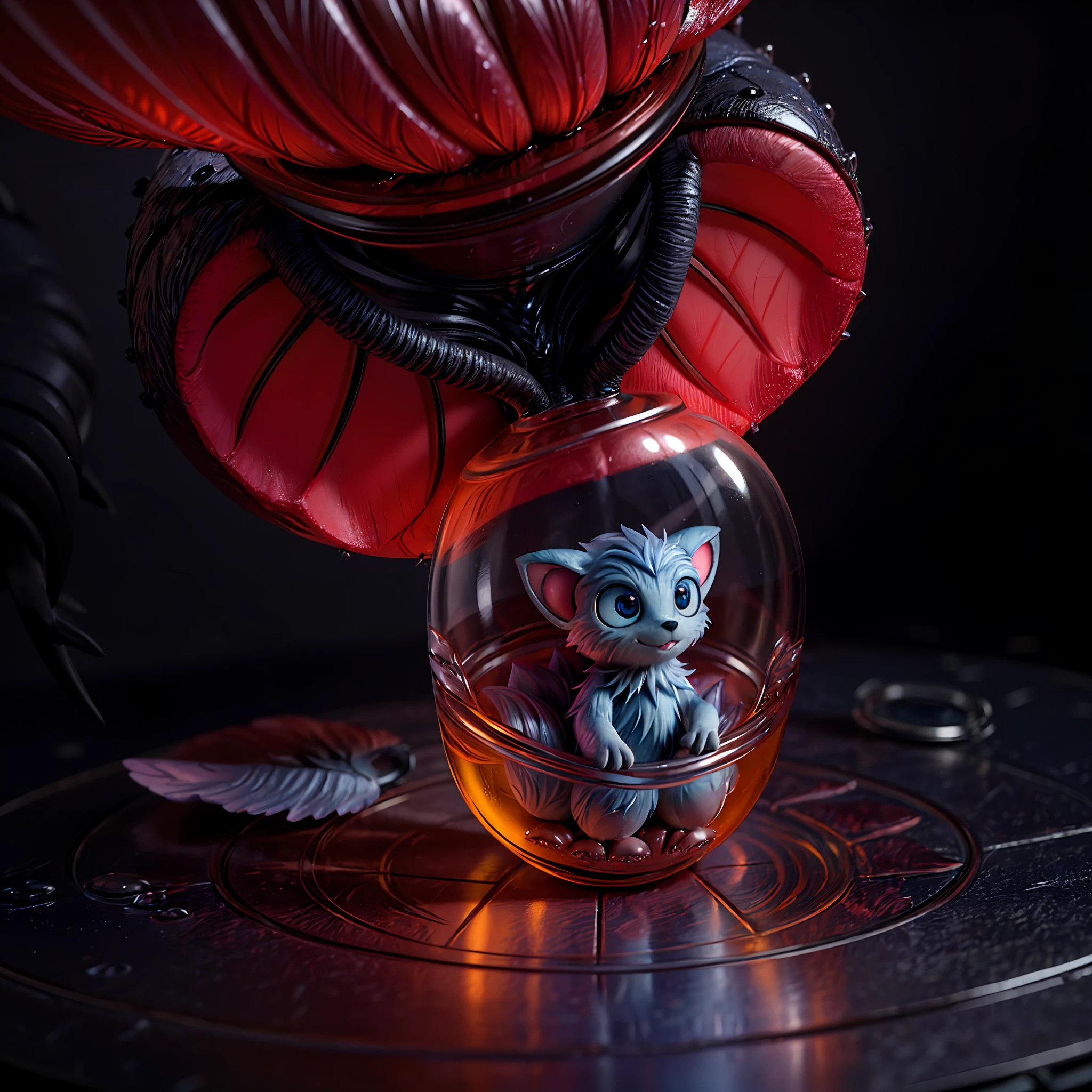 (a miniature creature with many paws in a bottle:1.35), a detailed and high-quality CG Unity 8k image, masterpiece quality, art illustration), (thanks to macro photography and detailed description, this creature is detailed and attractive, with wings, big sad eyes and glowing spots), in a dark and deep forest, with a mystical atmosphere and night lighting, (no human:1.5), (creature:1.5)