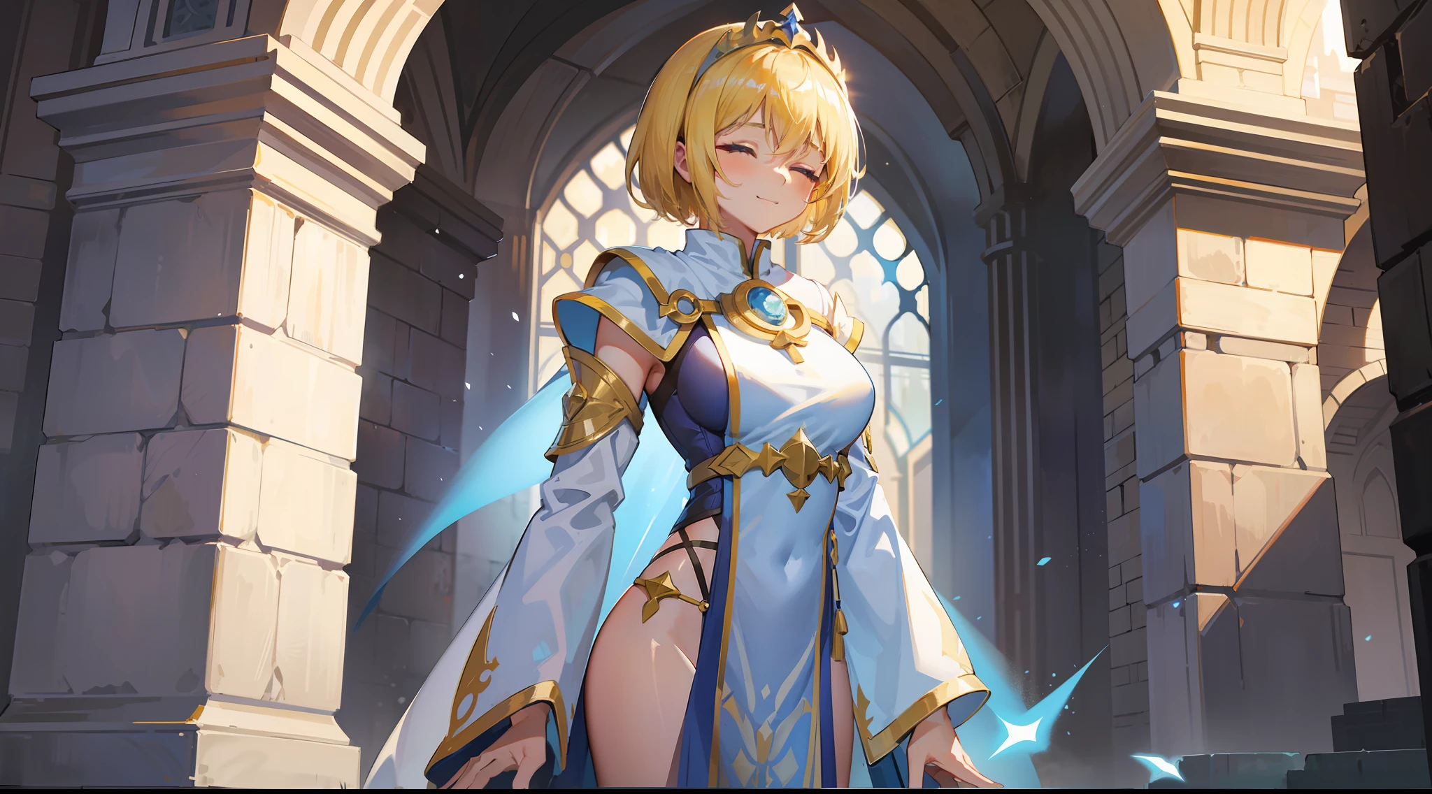 a girl, cleric, blonde, short hair, closed eyes, beautiful breasts, hair between eyes, bangs, full body, confident, heroic posture, smiling, white and blue robe, fantasy, medieval, rays of sun