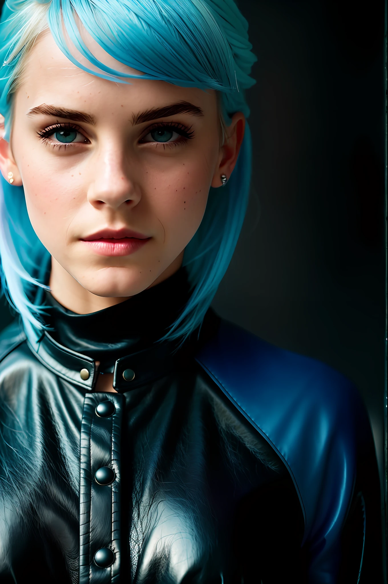 little Emma Watson, big breasts, ((portrait)), ((full body))), 1girl in black and ((blue)) cosplay costume, blonde and blue ((hair)), pink lipstick on ((lips)), cinematic, (high detailed skin: 1.2), natural leather texture, ((high angle POV_1.4)), 24mm, 4k textures, soft cinematic light, ???????, swimsuit, adobe lightroom, darkroom, hdr, sophisticated, elegant, highly detailed, sharp focus, (((cinematic look)))), soothing tones, insane details, intricate details, hyper-detail, low contrast, soft cinematic light, muted colors, exposure blending, HDR, fading, slate atmosphere, ??????????, illirt with camera