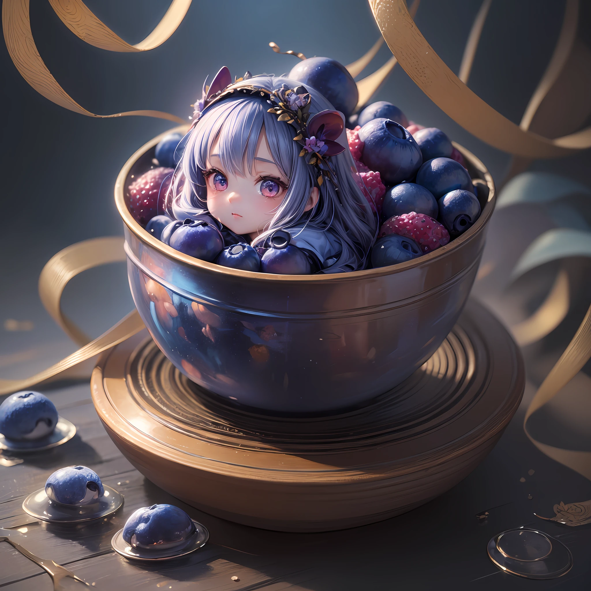 ( Absurd , High quality , ultra detailed, masterpiece, concept art, smooth, highly detailed artwork, hyper realistic painting )tiny little girl, Dreamy , Romantic , Vivid, girl , blueberry fruits , blueberry muffin character, cute , whole body , anime , fantasy --auto --s2