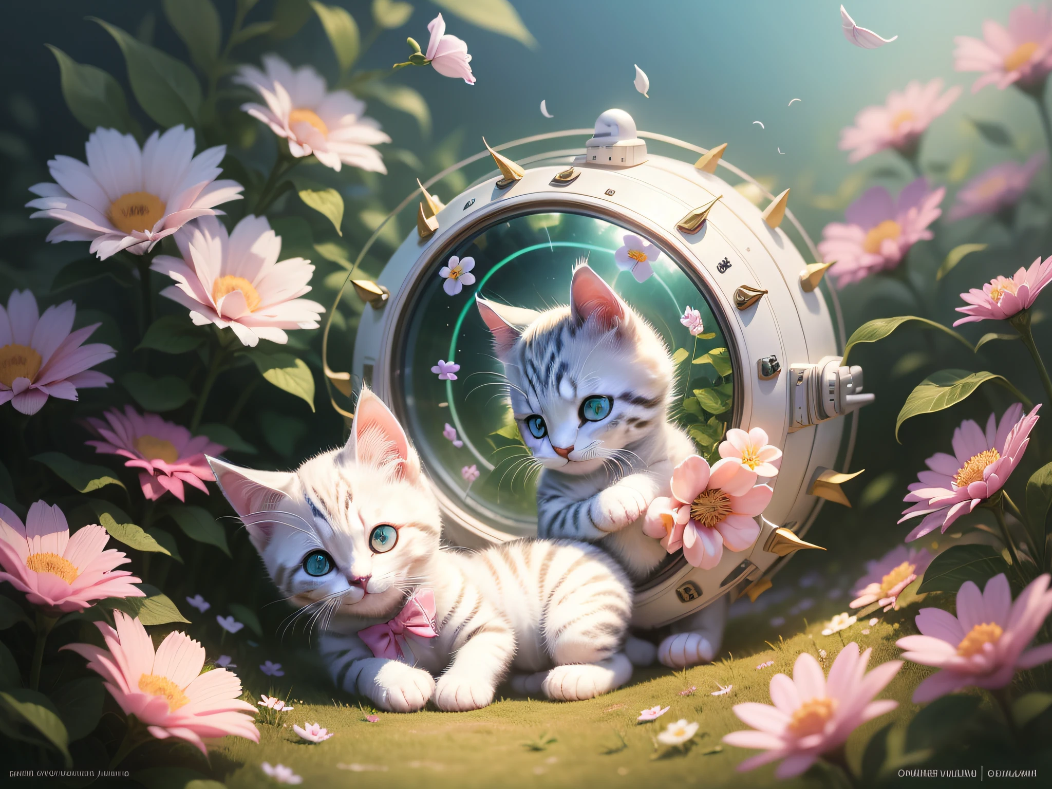 A cute white kitten with a smile oh ah is playing in the flower bed, this is a high-definition digital painting, this is a digital artwork, the kitten's cute expression spaceship healing makes people warm, there is a transparent leaf falling down next to it, the background flashes with light points to give a surreal feeling, the kitten forelimb details are clear and can hold the flowers, there is light in the eyes, the hair has a 3D texture, the kitten has a three-dimensional sense, and the neck has a bow tie decoration
