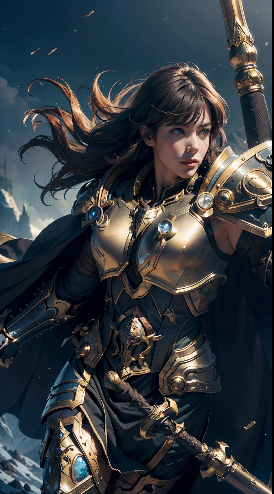 8k,ultra detailed, masterpiece, best quality, (extremely detailed), dynamic angle, Mysterious expression, wind effect, fantasy background, rim lighting, cinematic light, ultra high res, 8k uhd, film grain,best shadow, delicate, RAW, light particles, detailed skin texture, detailed armor texture, detailed face, intricate details, ultra detailed, bright, strong, golden armor, (holding hammer), smashing, smash action, pauldrons, glowing eyes, long cape, fantasy, (realistic), shoulder armor, complex, intricate, perfect lighting, looking at viewer, cinematic lighting, flying in sky,flying, holy light, vivid, bangs, windy