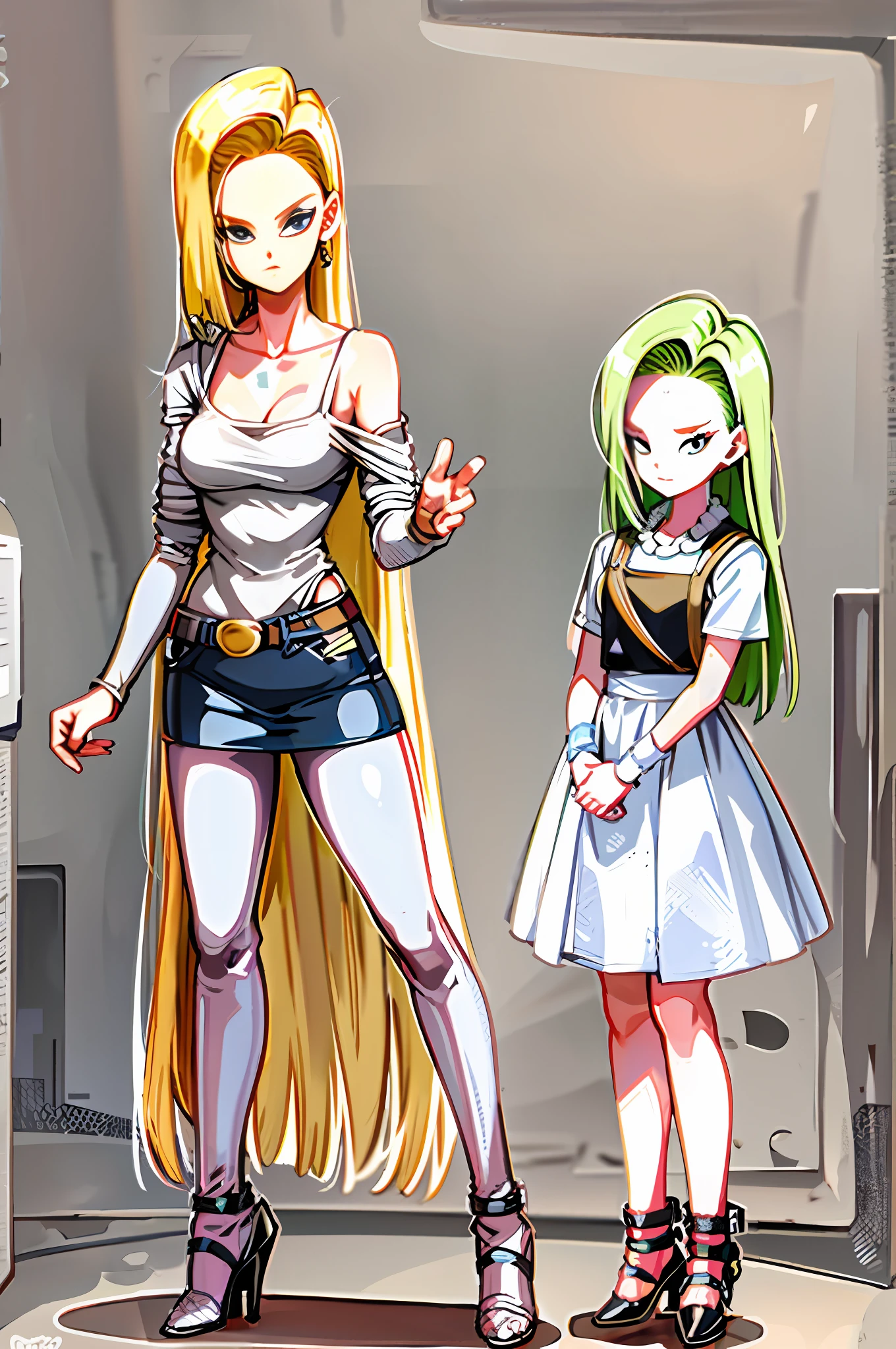 Android 18 with very long hair, wearing a top and high heeled shoes, with his daughter.