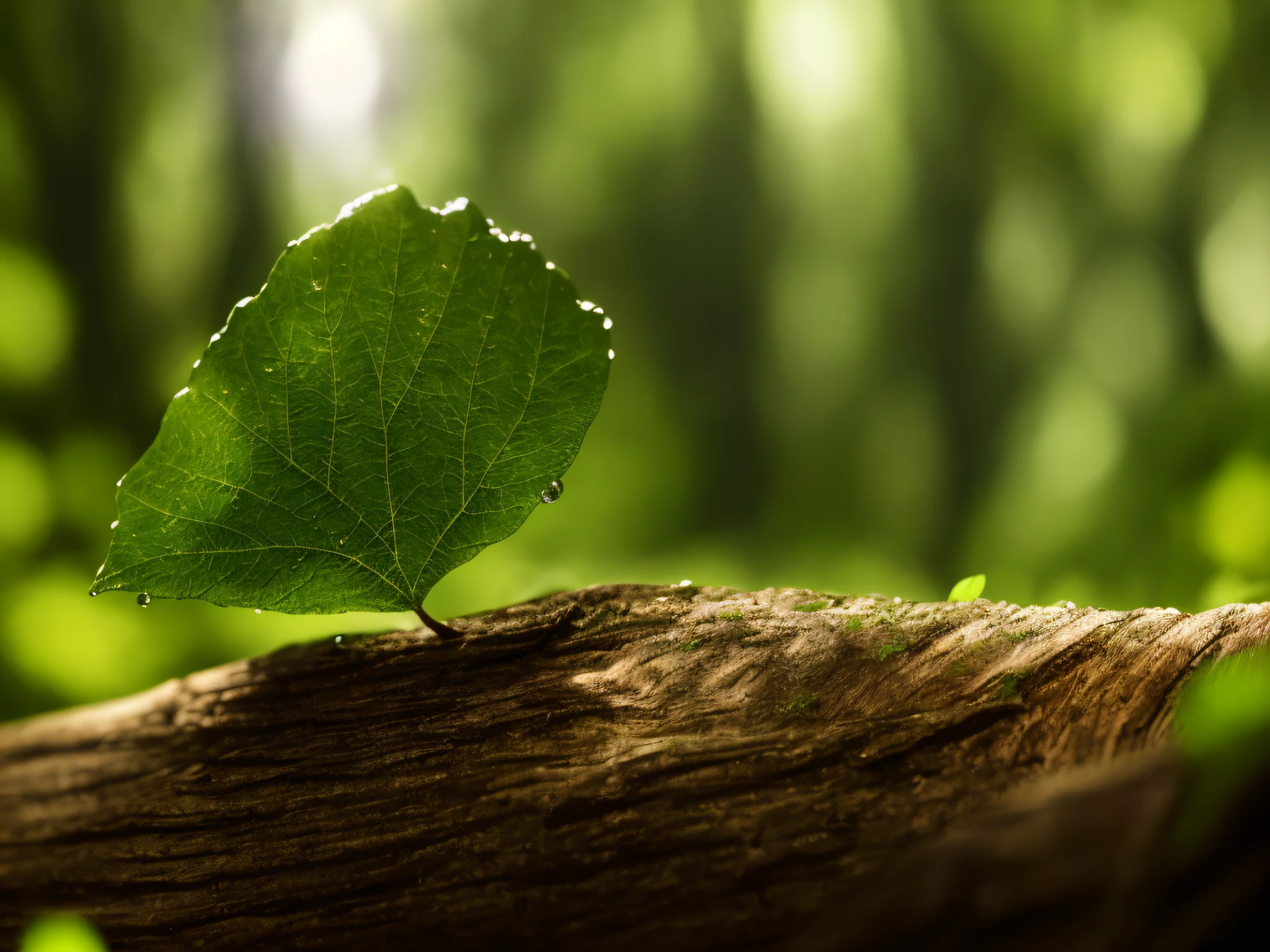 There is a leaf with very detailed grooves and that is sitting on a log in the forest against the sunlight, with large drops of dew under the leaf and trunk, low angle 8K HD Nature Photo, natural background, artistic photo, against dark background, forest details, HD wallpaper, render realistic natural, environmental, highly rendered, nature wallpaper, close portrait, photo portrait, photo still, Paul Barson, wallpaper - 1 0 2 4, nature background