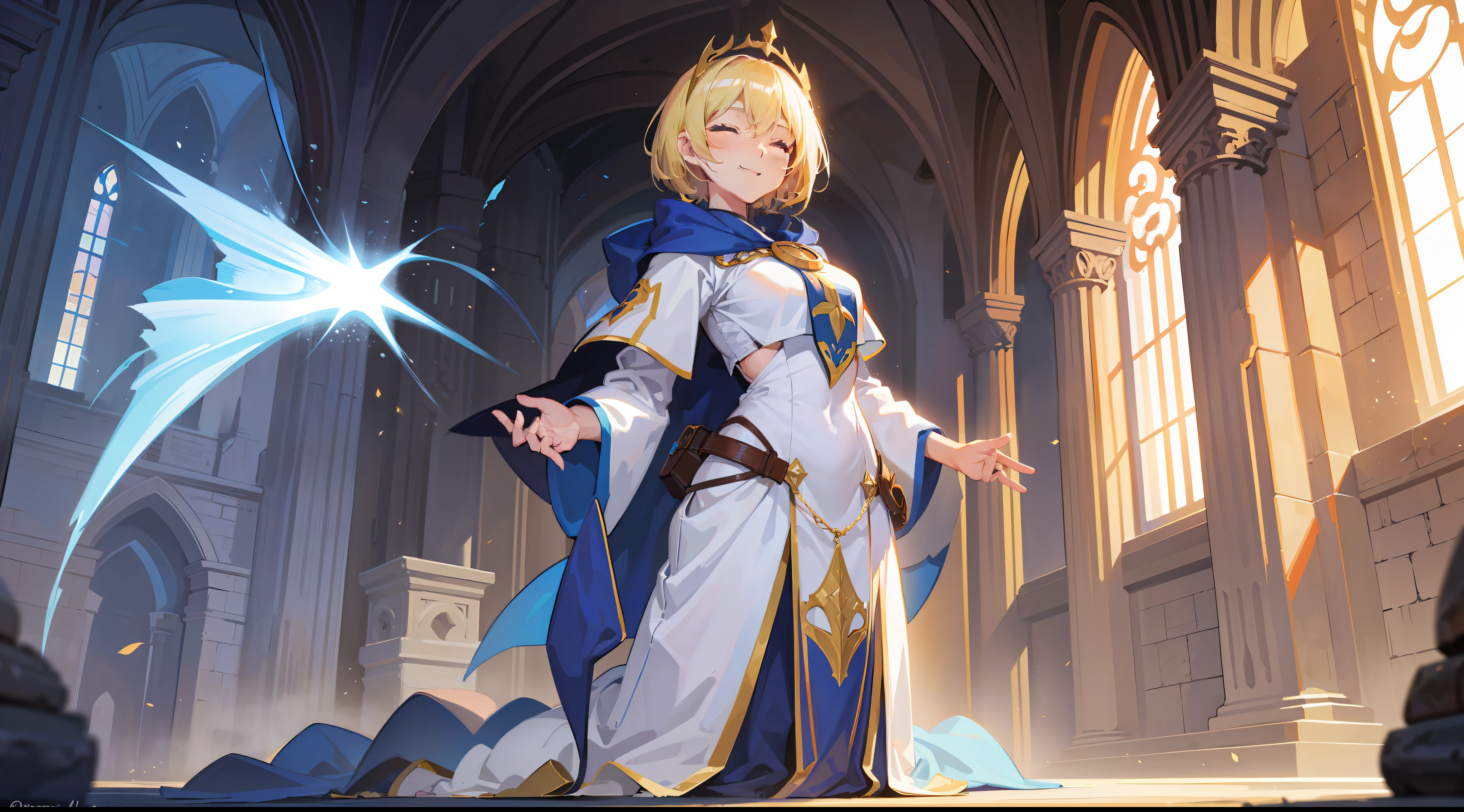 a girl, cleric, blonde, short hair, closed eyes, beautiful breasts, hair between eyes, bangs, full body, confident, heroic posture, smiling, white and blue robe, fantasy, medieval, rays of sun