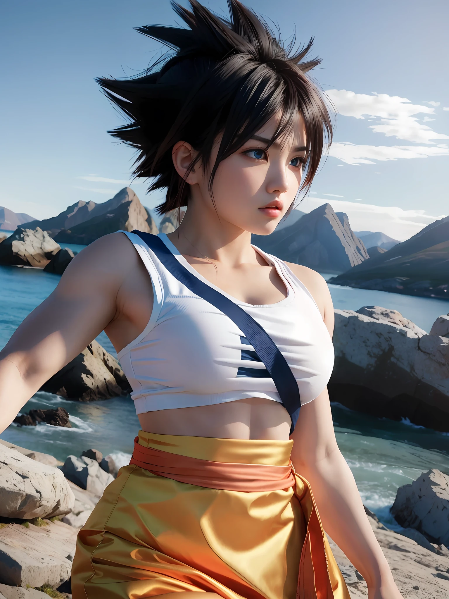 son goku, 1girl, closed mouth, female focus, muscular, muscular female, rock, sash, serious, solo, spiked hair, torn clothes, ultra instinct, blue eyes, realistic blonde hair, ((masterpiece)), best quality, photorealistic, sharp focus