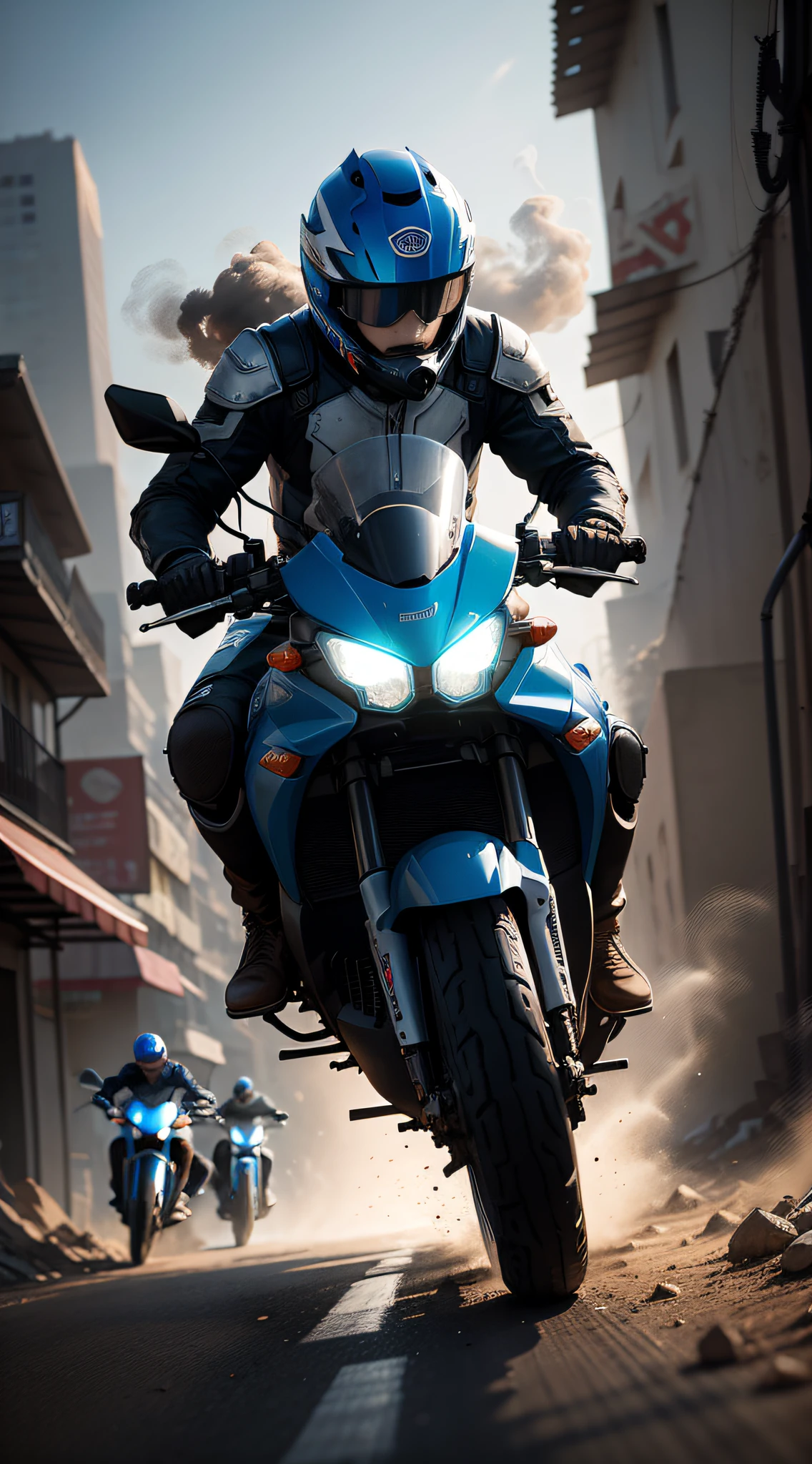 / Imagination Tip: [Illustration] Comic page, there are several panels on one page: in the smoke-filled city (Vista), several male and female racers riding motorcycles, racing frantically in alleys, tires rubbing ground sparks, smoke and dust (GoPro, f/2.8, motion blur, long exposure, diffuse backlight). [Multi-angle, continuous shooting] adopts the style of Angelimi Mann, cobalt blue and reflective silver, motion picture film P30, asymmetrical special-shaped composition