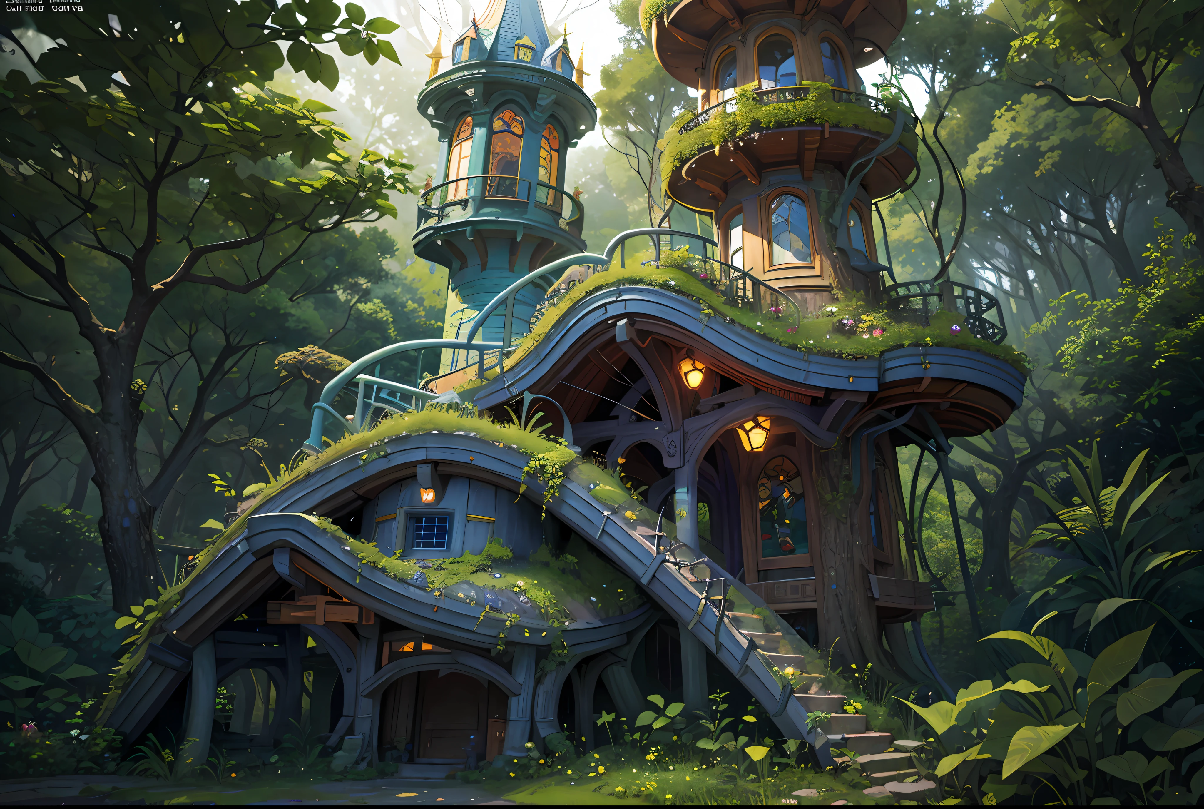 Fairy tree house covered in vegetation, forest, fantasy, full of wonder and magic, curved Bridges, stained glass Windows, dramatic, ((abstract)), high octane 8k render, super detailed, realistic, super realistic, high quality, best, super Detail, crazy detail, very detailed, photorealistic, epic composition, best quality, 32k --v 6