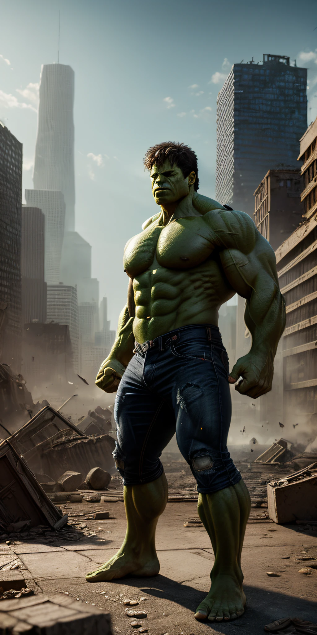 hulk (( super strong )), masterpiece, best quality, ultra-detailed, ground, destroyed city background, shadows, contrast, clear sky, analog style (look at viewer:1.2) (skin texture) (film grain:1.3), ultra-high resolution, octane render, 16k