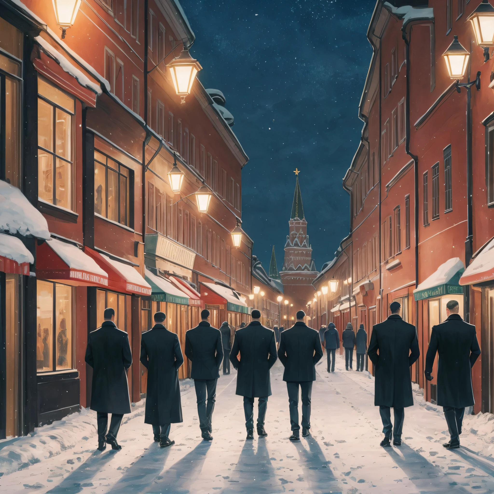 Draw three people from the Russian mafia at night against the background of Moscow --auto --s2