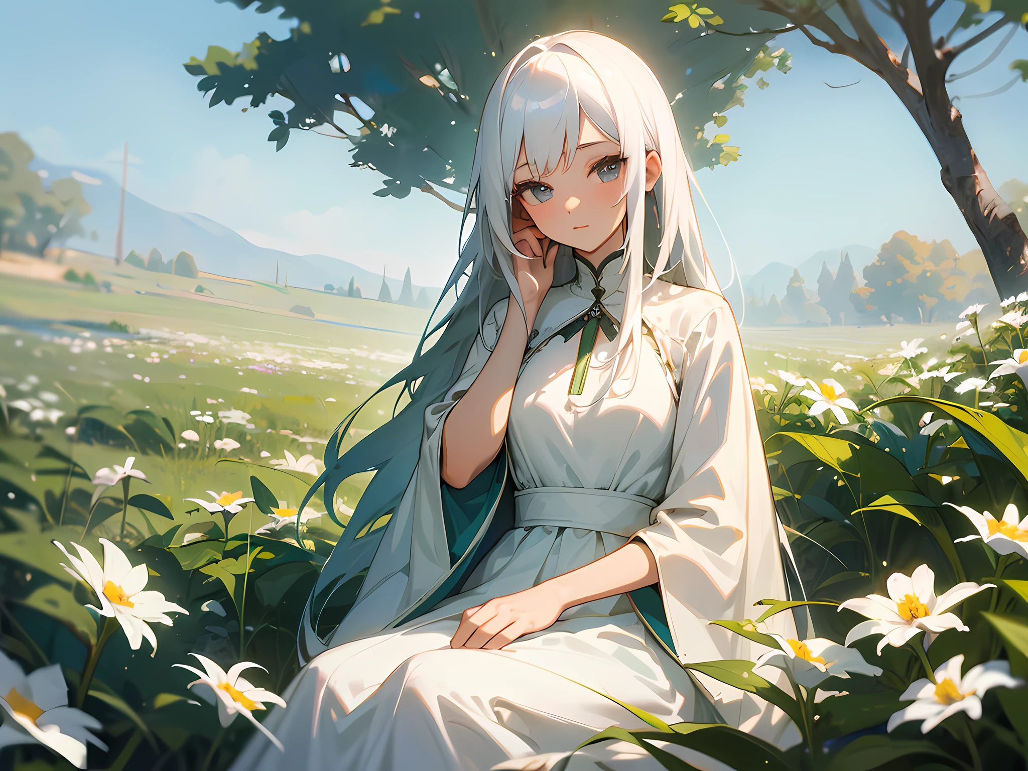 (Masterpiece, best quality), 1 long girl with white hair sitting in a field of greenery and flowers, her hands under her chin, warm light, white dress,