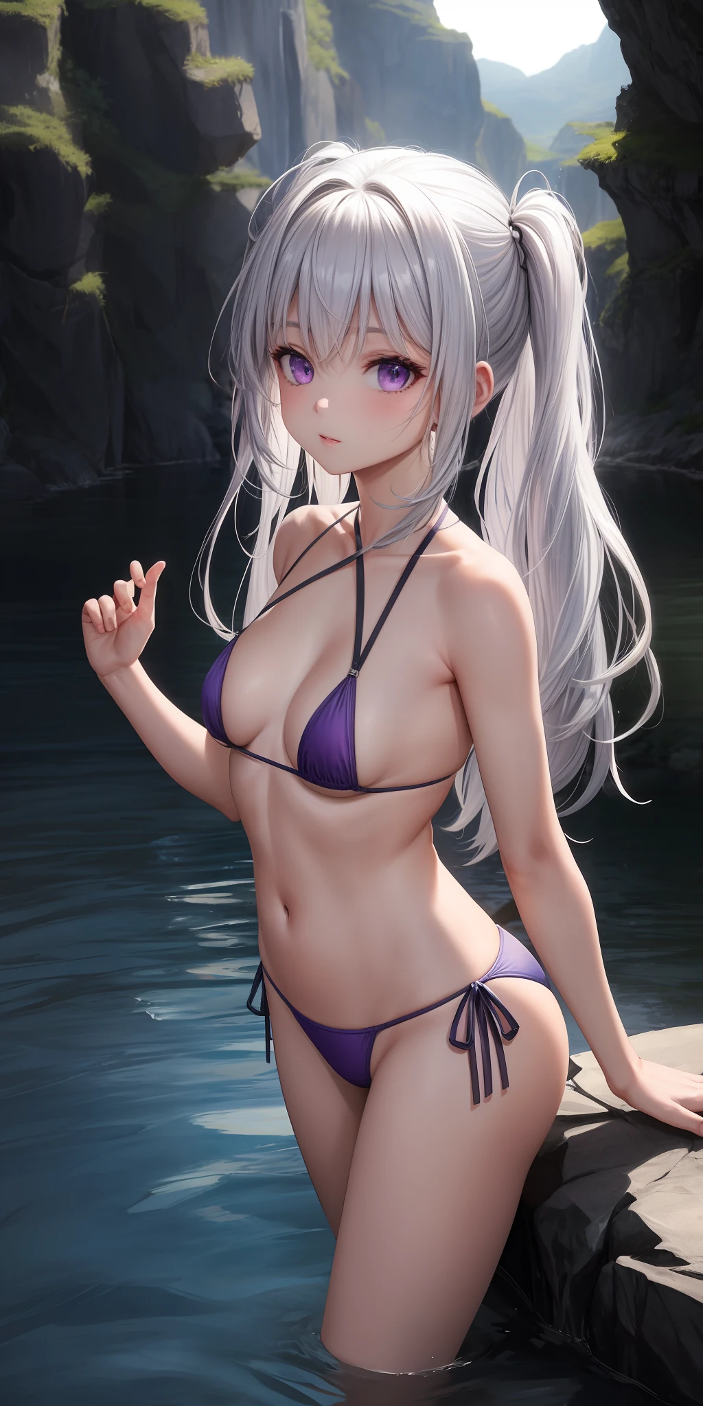 Real, One girl, White hair, Purple eyes, Glowing eyes, Simple background,fantastic, river, rock, fantastic, Fantastic, Hairstyle is twin-tailed, Impossibly large breasts, Angle looking up from below, small micro bikini in blue, , Silver T-back, Back, Protruding buttocks, Parted lips, Blushing, Rough breath, Flower, Sun, Sunlight, {{{Masterpiece}}}},
{{{{{Official Art}}}}},
{{{high quality}}},
{{{highest quality}}},
{{{{8k_wallpaper}}}},
{{{{Very detailed eyes}}}},
{{{{{Very detailed body}}}},
{{{Very detailed finger}}}