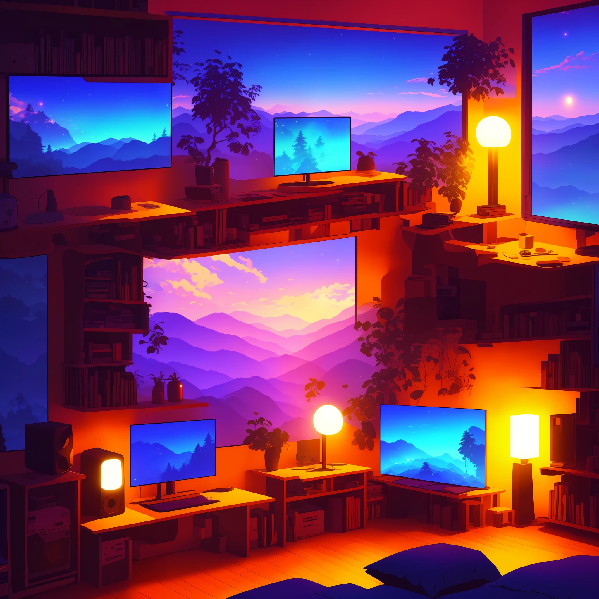 hestyle inside view of gaming room at evening, colorful night