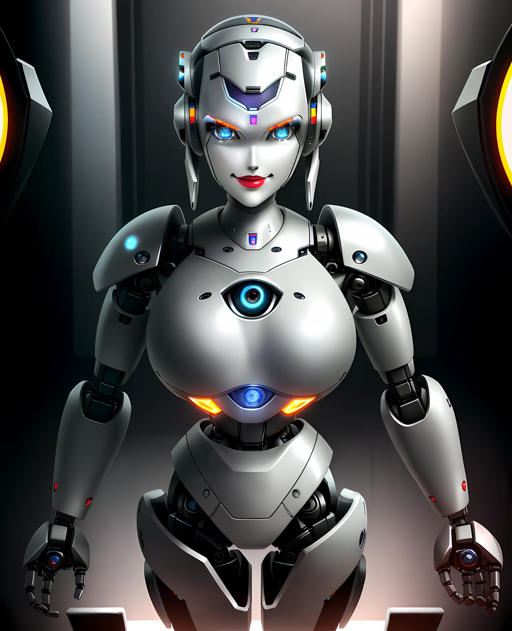 Best Quality, High Detail, 8K, Human, Robot Girl, Android Face(Metal), Steel & Titanium Leather, Gray Leather, Seductive Smile, Robotic Face(With Human Features), Cybernetic Eyes(Hard Eye Circle, Clear Eye Pupil), 1girl, Formal, Perfect Hands(5 fingers, clear fingers), wig(normal hair), big breasts, lipstick on the lips, body(big breasts, lace, rounded shoulders, rounded arms, rounded legs, parts of the robot,),