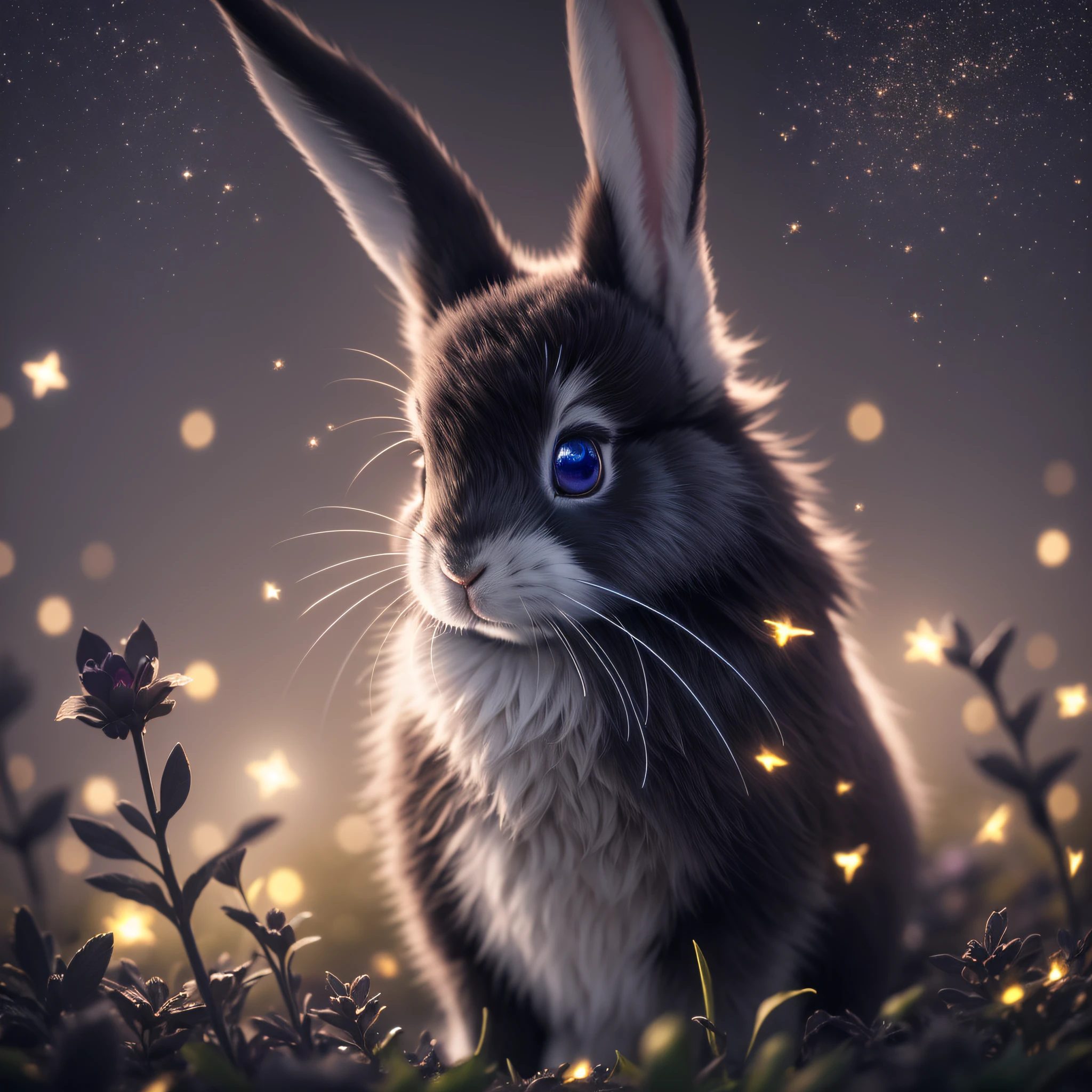 Black, Night, Bunny Ultra Close Up Photo, Fluorescent Bunny, Glow Lop Rabbit, Backlight, Rabbit with Seen Stars, Glow Particles, Furry, Night, Firefly, Volumetric Fog, Halo, Bloom, Dramatic Atmosphere, Center, Rule of Thirds, 200mm 1.4F Macro Shot