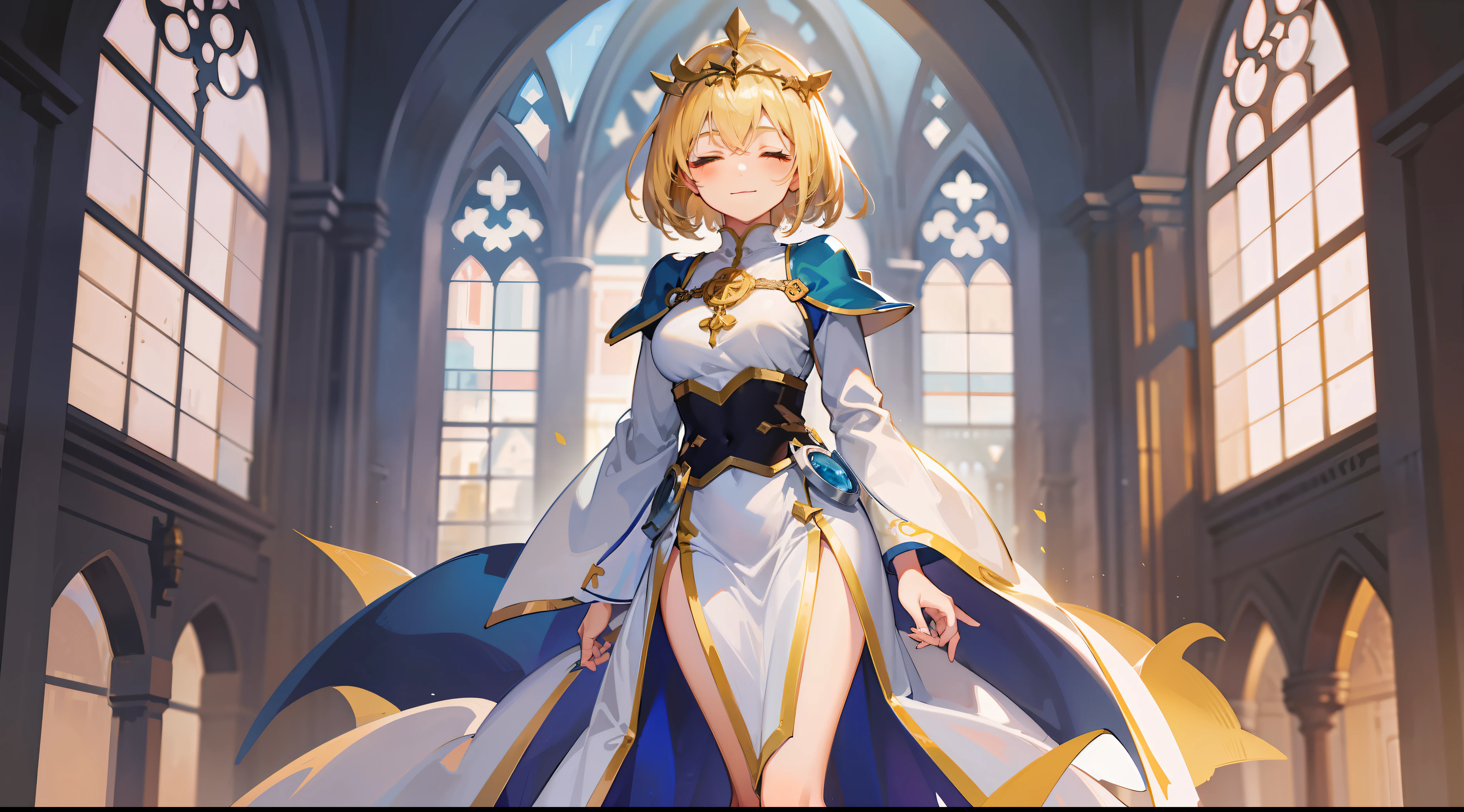 a girl, cleric, blonde, short hair, closed eyes, beautiful breasts, hair between eyes, bangs, full body, confident, heroic posture, smiling, white and blue robe, fantasy, medieval, rays of sun