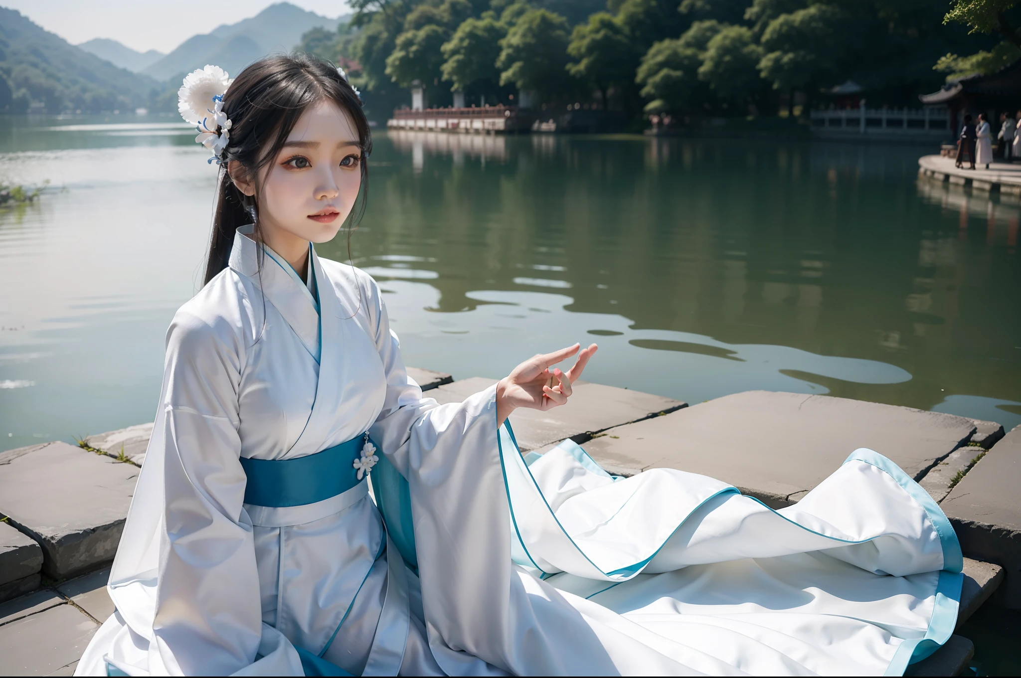 A gorgeous model dressed in white Hanfu, on the edge of the fantastic Hangzhou West Lake, outdoors, bright light blue sky, beautiful weather, photography grade lighting, 4K, product shooting, realistic details, perfect photos, close up -ar 3:4 --q 2 --v 5 --s 750