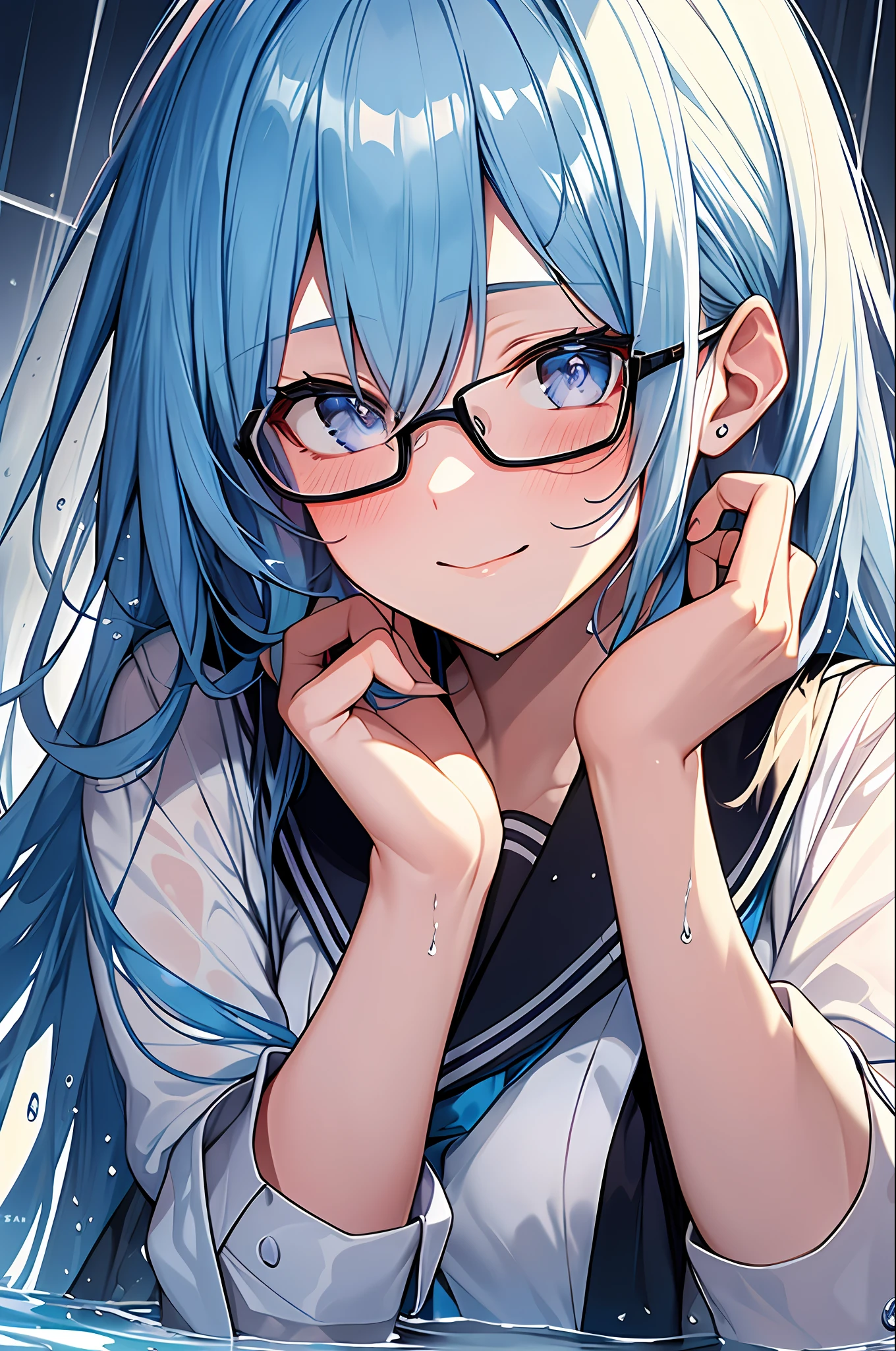 (Masterpiece, Top Quality, Best Quality, Watercolor (Medium), Official Art, Beautiful and Aesthetic: 1.2), (1 Girl: 1.3), (Fractal Art: 1.3), Heart Pupil, Viewer's Look, Pattern, (Blue Hair, Light Blue Hair, Half Blue and Half Light Blue Hair: 1.2), Water, Liquid, Colorful, Starry Sky, Stars, Smile, Glasses, Close Up, Heavy Rain, Wet Uniform, School Uniform, Glittering Eyes, Blushing, Beautiful Hands