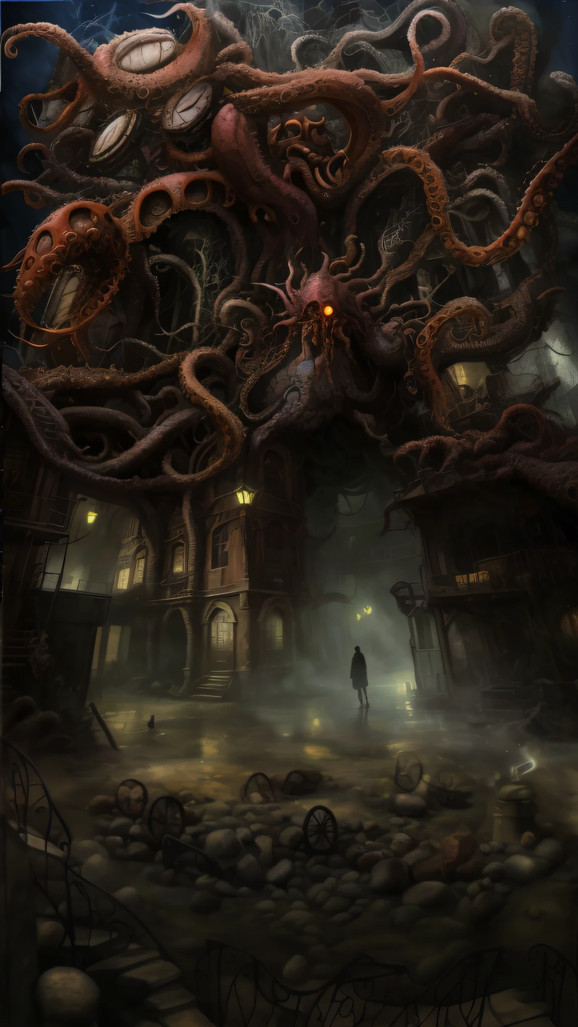 there is a giant octopus that is in the middle of a building, inspired by H.P. Lovecraft, inspired by lovecraft, lovecraft art, lovecraft horror, lovecraftian inspiration, lovecraftian horror!, lovecraftian atmosphere, where lovecraftian horrors roam, lovecraftian horror!!, lovecraftian horror, lovecraftian background, lovecraftian landscape