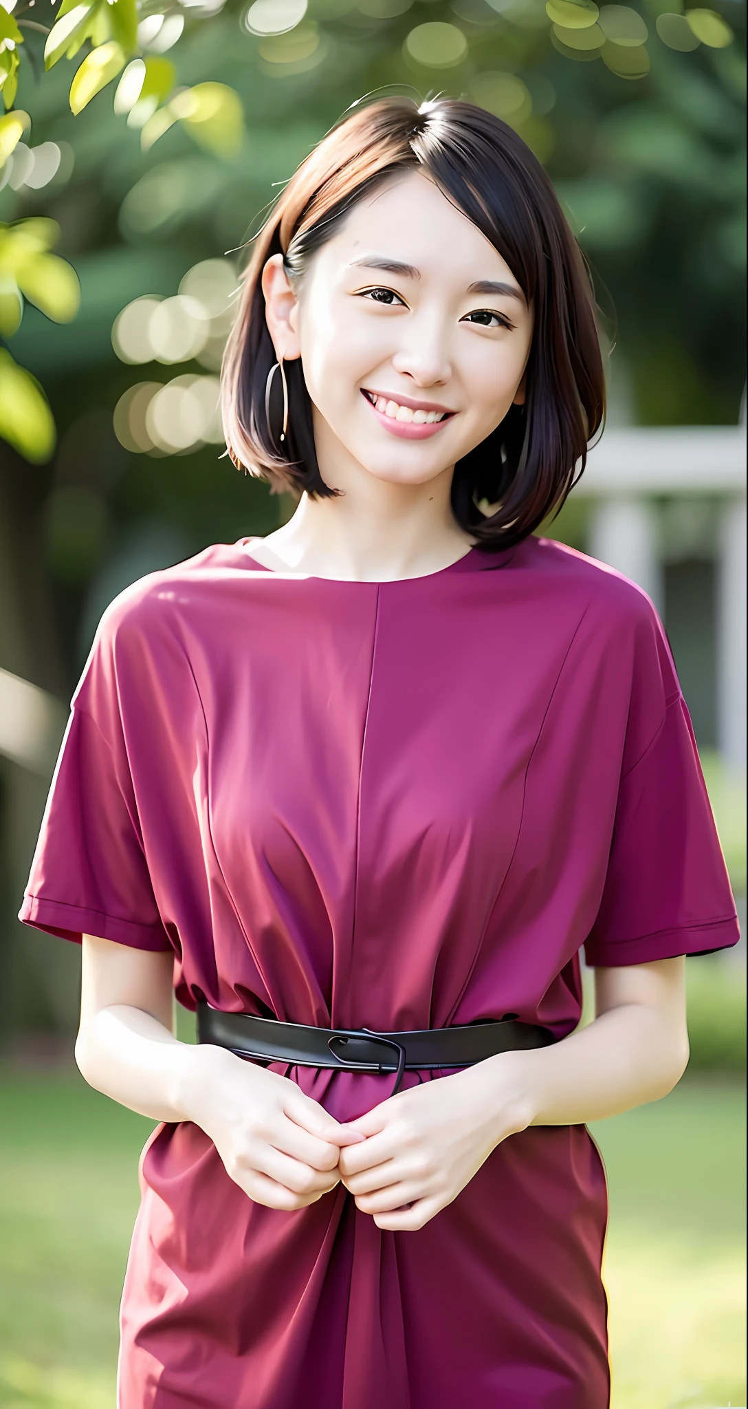 Top quality, masterpiece, ultra high resolution, (photorealistic: 1.4), raw photo, 1 girl, Japan beauty, beautiful skin, black hair: 1.7, Gacky, (((Short hair: 1.5)), 30 years old, laughing happily: 1.2,