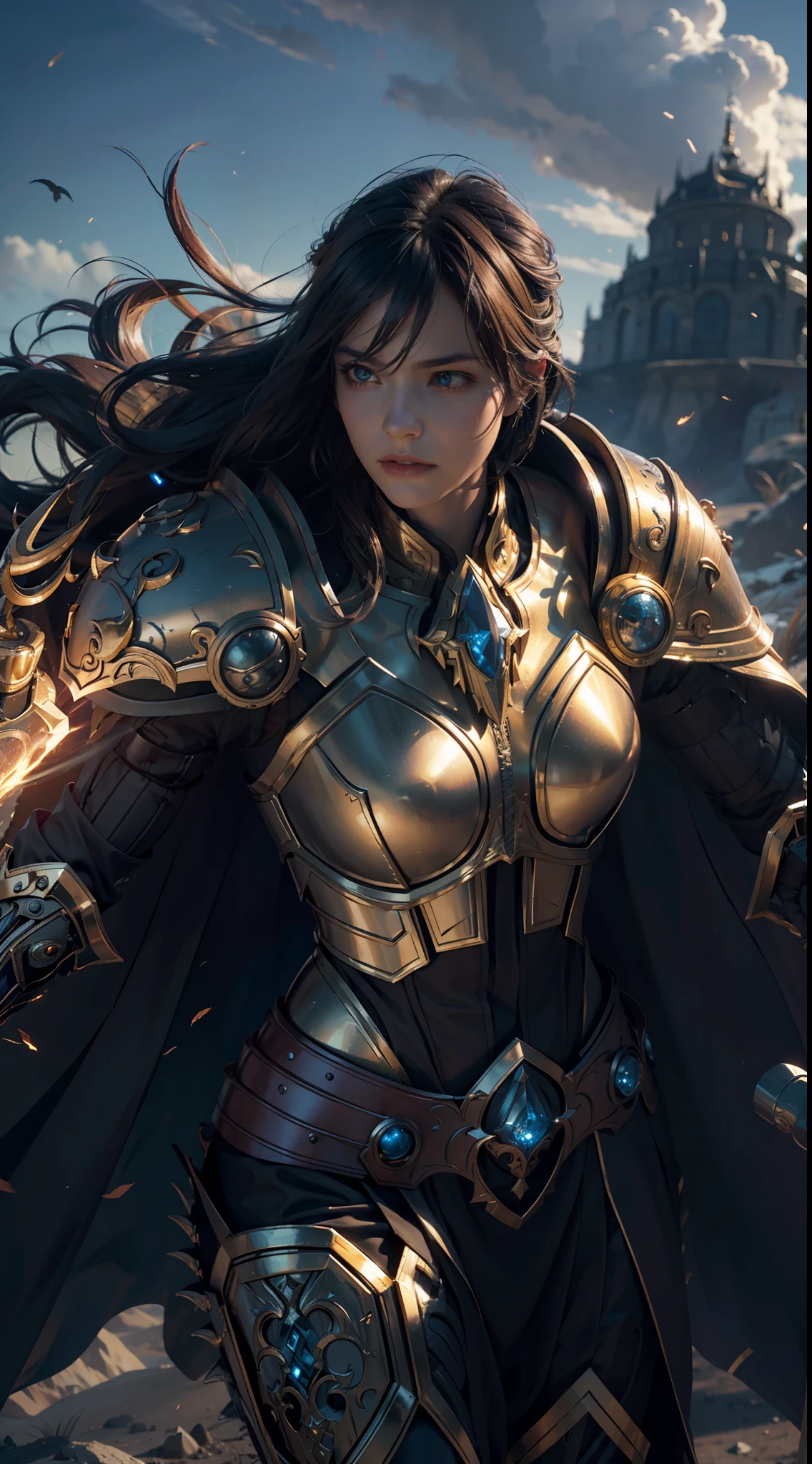 8k,ultra detailed, masterpiece, best quality, (extremely detailed), dynamic angle, Mysterious expression, wind effect, fantasy background, rim lighting, cinematic light, ultra high res, 8k uhd, film grain,best shadow, delicate, RAW, light particles, detailed skin texture, detailed armor texture, detailed face, intricate details, ultra detailed, bright, strong, golden armor, (holding hammer), smashing, smash action, pauldrons, glowing eyes, long cape, fantasy, (realistic), shoulder armor, complex, intricate, perfect lighting, looking at viewer, cinematic lighting, flying in sky,flying, holy light, vivid, bangs, windy