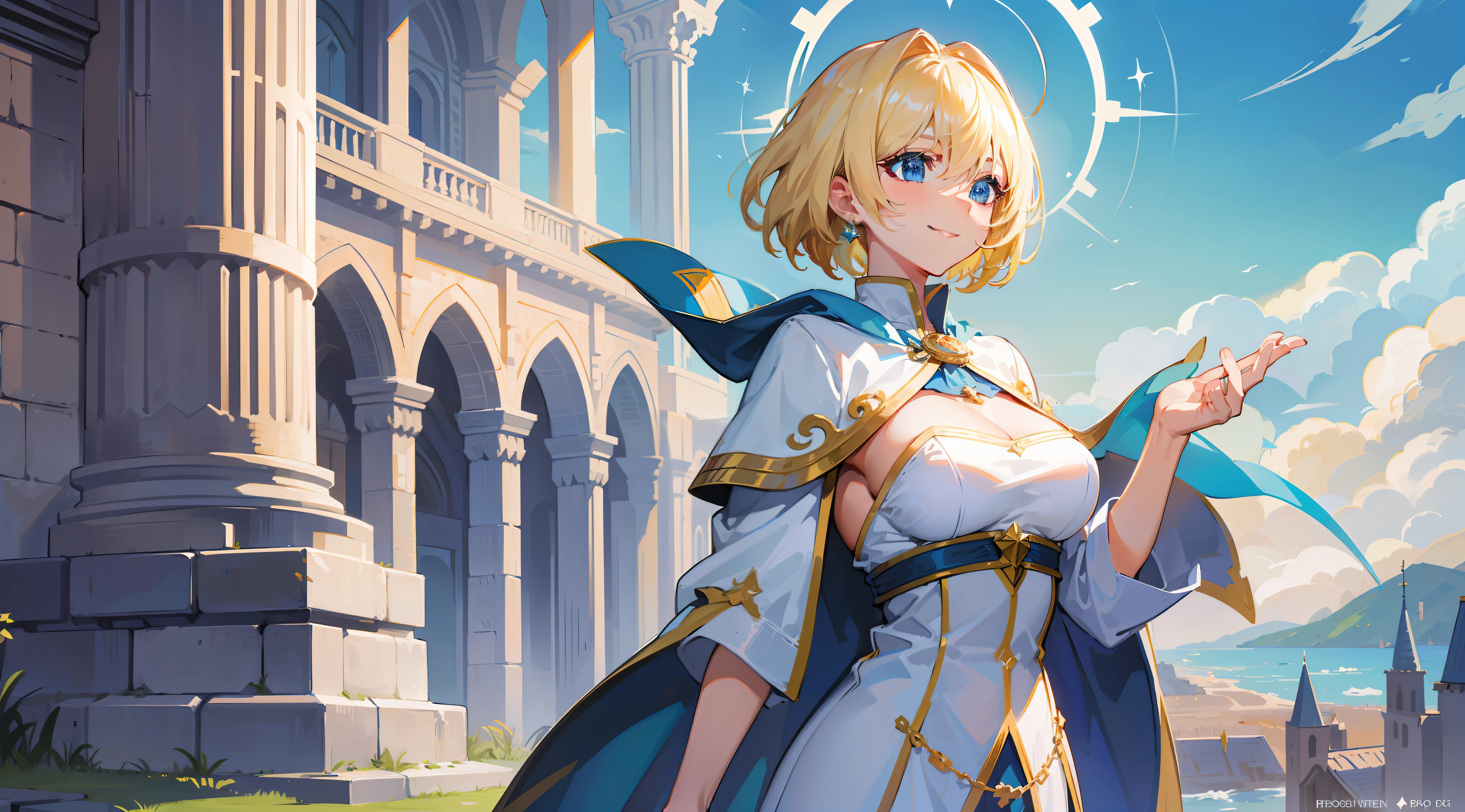 a girl, cleric, blonde, short hair, bright blue eyes, beautiful breasts, hair between eyes, bangs, full body, confident, heroic posture, smiling, white and blue robe, fantasy, medieval, rays of sun