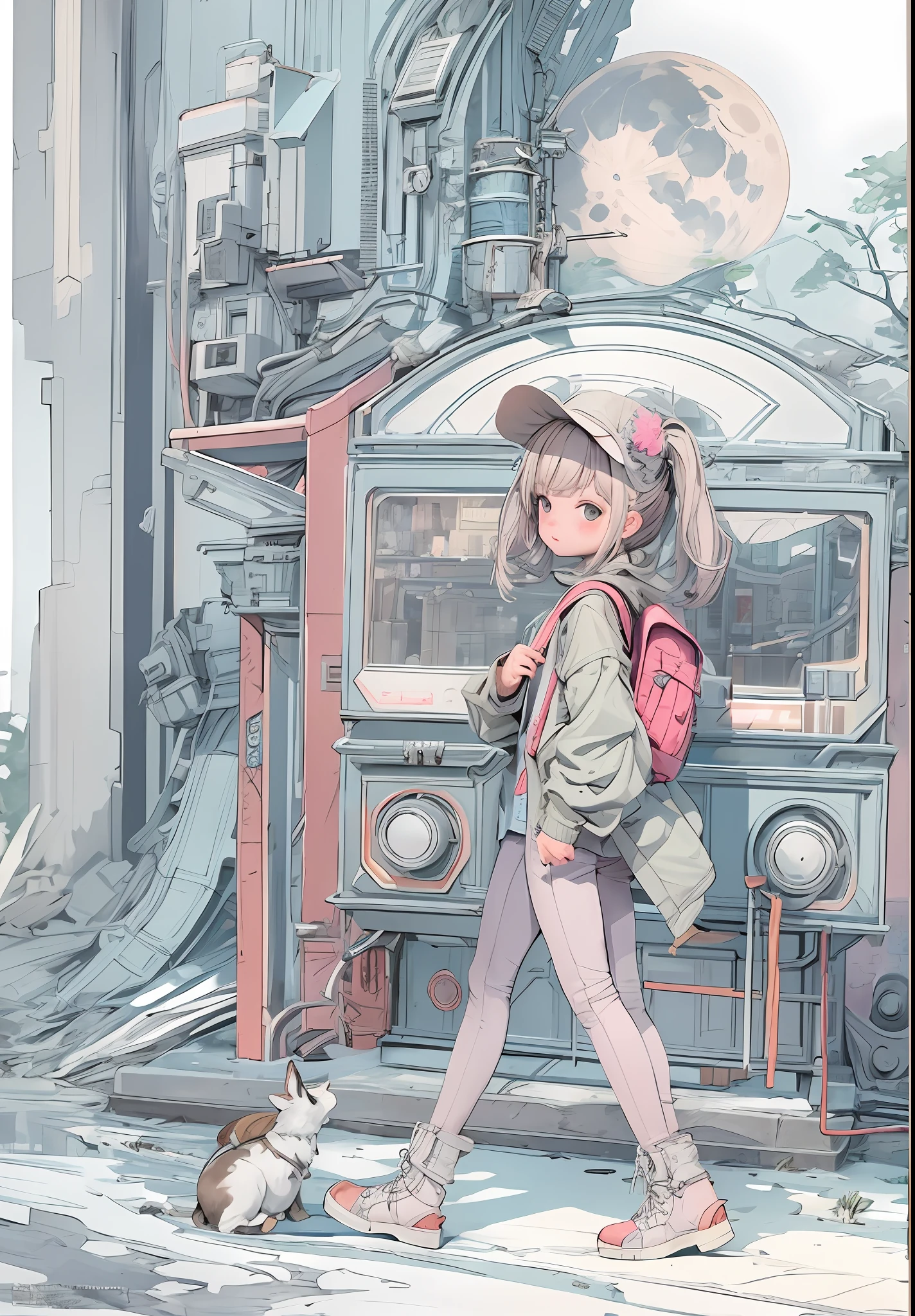 Masterpiece, best quality, official art, 8k wallpaper, very detailed, illustration, 1 girl, taupe hair, tunic, jeans, backpack, walk, trees, night, moon