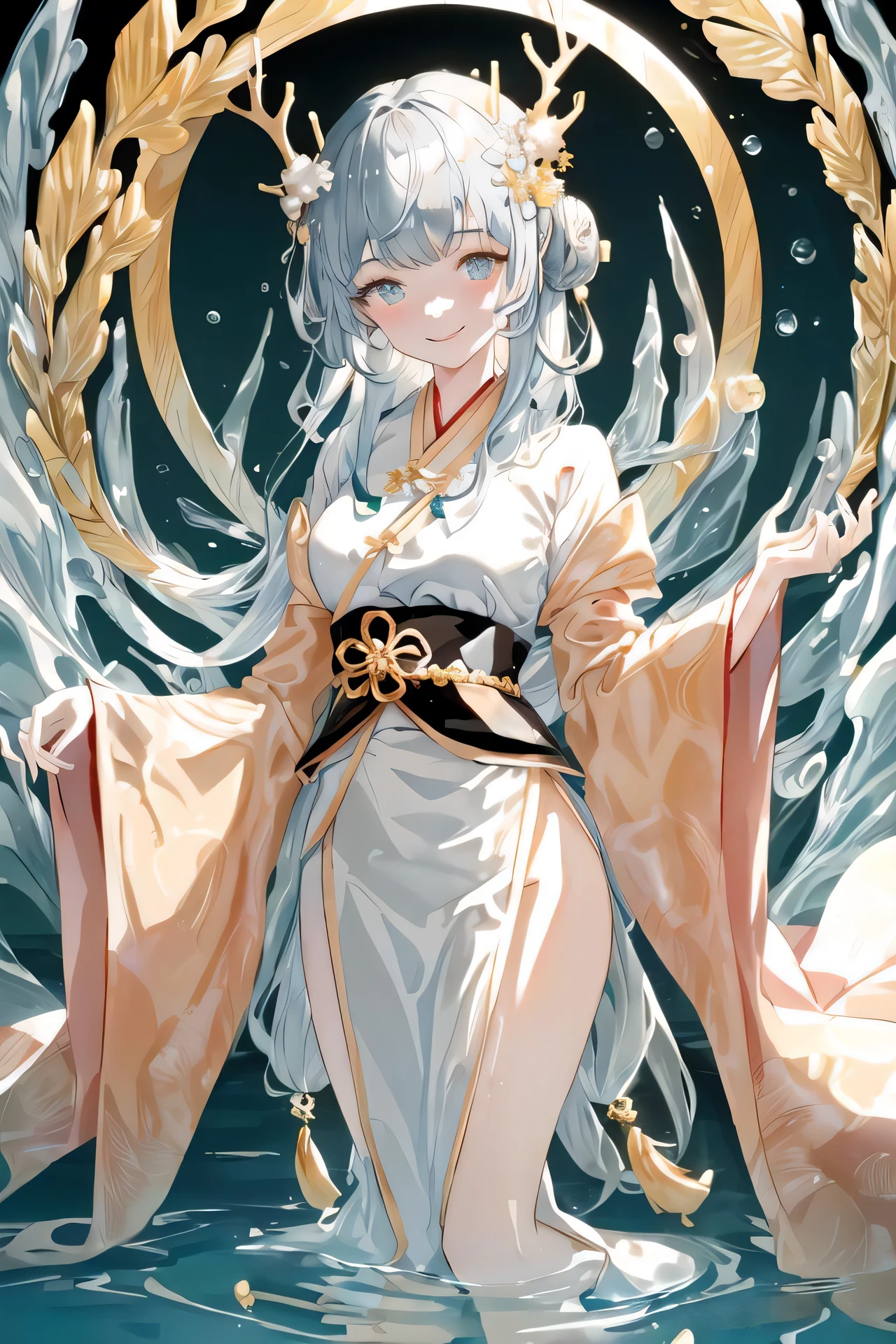 art by yaguru magiku, dreamy, full body
(masterpiece, best quality, extremely detailed CG unity 8k wallpaper, highly detailed, extremely detailed, dramatic angle, 1girl:2, solo, full body:2, beautiful detailed eyes, beautiful detailed face, cute face, smile:1.3, black hair:5, long hair, flowing hair:1.3, cone hair bun, gorgeous hanfu:4, black hanfu, hidden hand, Long sleeve, sleeves past wrists, antlers:4, gold hair stick, gold hair ornament, gold gorgeous necklace, gold lace , gold tassel, medium breast, under water:2, stream , wet, wet clothes, standing, ocean bottom, sea beds, beautiful and detailed bubbles, beautiful and detailed oceans, beautiful and detailed water, beautiful and detailed corals, gravels, top-down light, dim light, lighting, dream like benthos, transparent fish, Pearl, gemstone, seaweed)