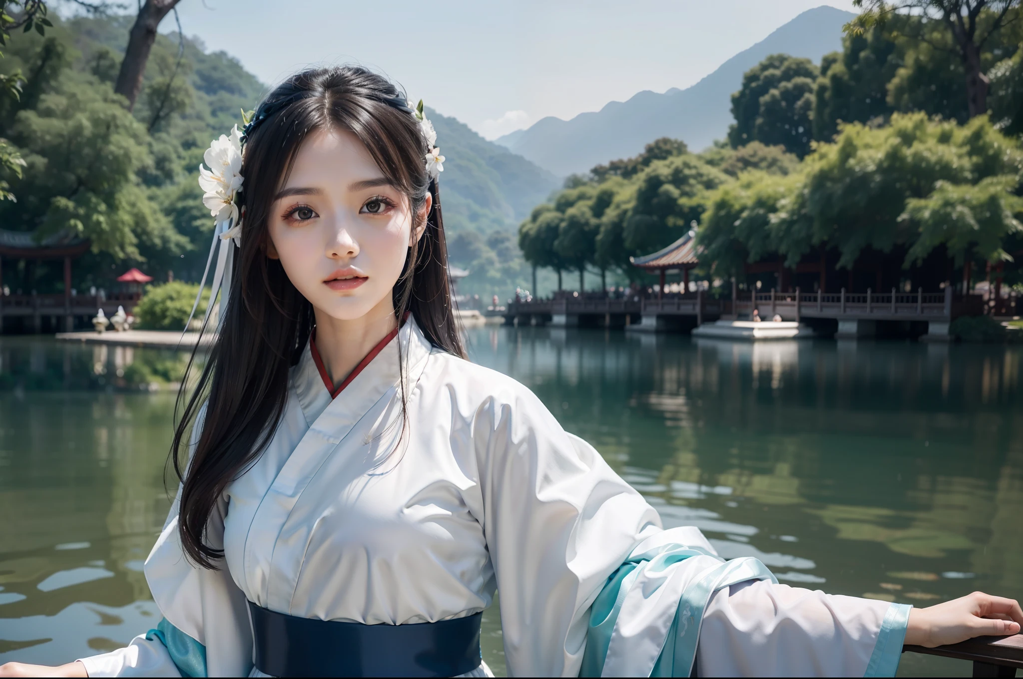 A gorgeous model dressed in white Hanfu, on the edge of the fantastic Hangzhou West Lake, outdoors, bright light blue sky, beautiful weather, photography grade lighting, 4K, product shooting, realistic details, perfect photos, close up -ar 3:4 --q 2 --v 5 --s 750