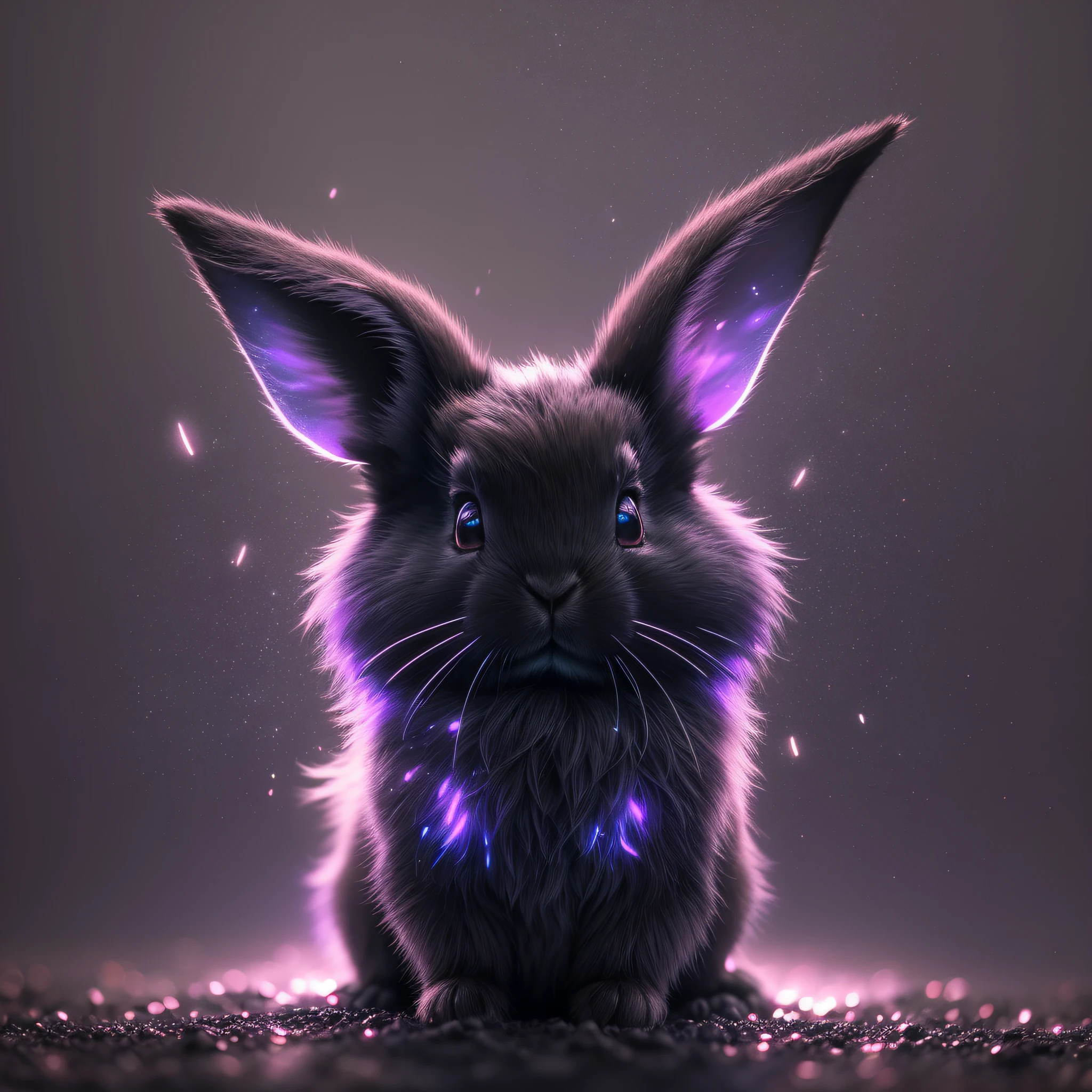 Black, Night, Rabbit Ultra Close Up Photo, Fluorescent Bunny, Glow Lop Rabbit, Backlit, Glow Particle, Furry, Night, Firefly, Volumetric Mist, Glow, Bloom, Dramatic Atmosphere, Center, Rule of Thirds, 200mm 1.4F Macro Shot
