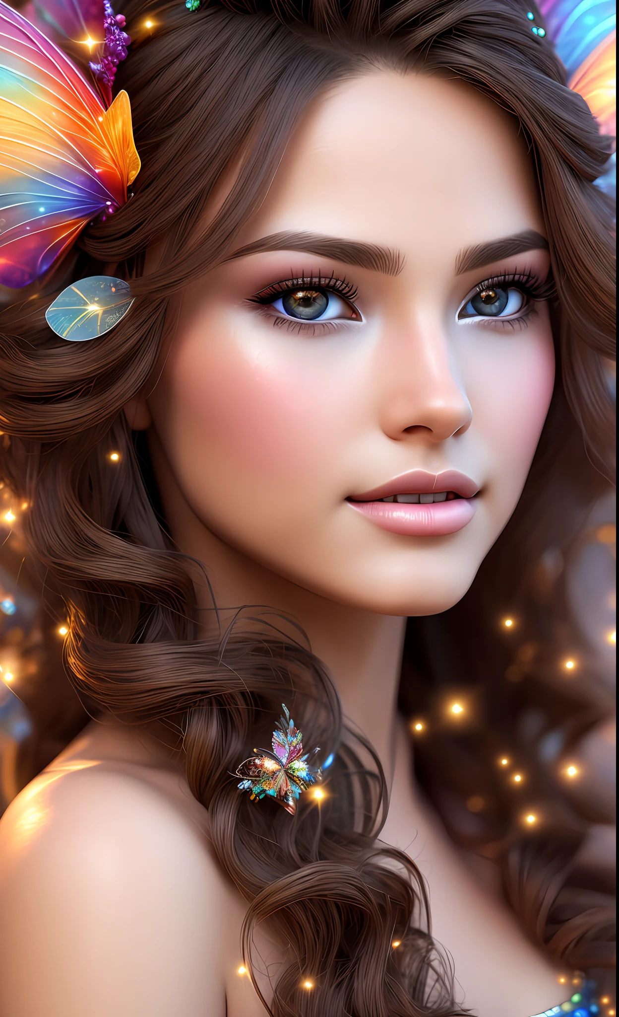 Fantasy, 8k quality, ultra-detailed CG illustration, exquisite billowing semi-long hair with rainbow colors, beguiling brown eyes, naturally beautiful lips, an enchanting fairy in close-up.