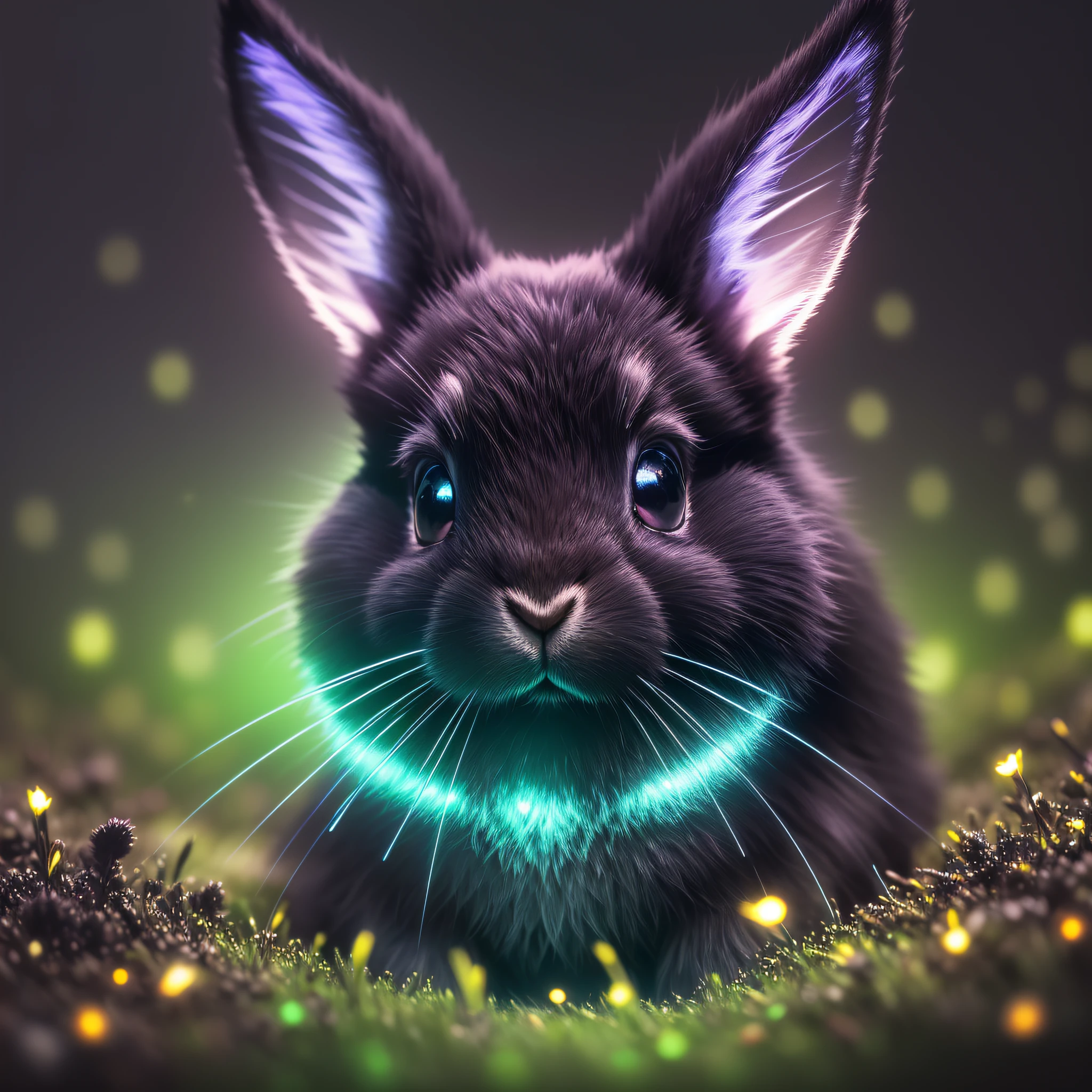 Black, Night, Rabbit Ultra Close Up Photo, Fluorescent Bunny, Glow Lop Rabbit, Backlit, Glow Particle, Furry, Night, Firefly, Volumetric Mist, Glow, Bloom, Dramatic Atmosphere, Center, Rule of Thirds, 200mm 1.4F Macro Shot