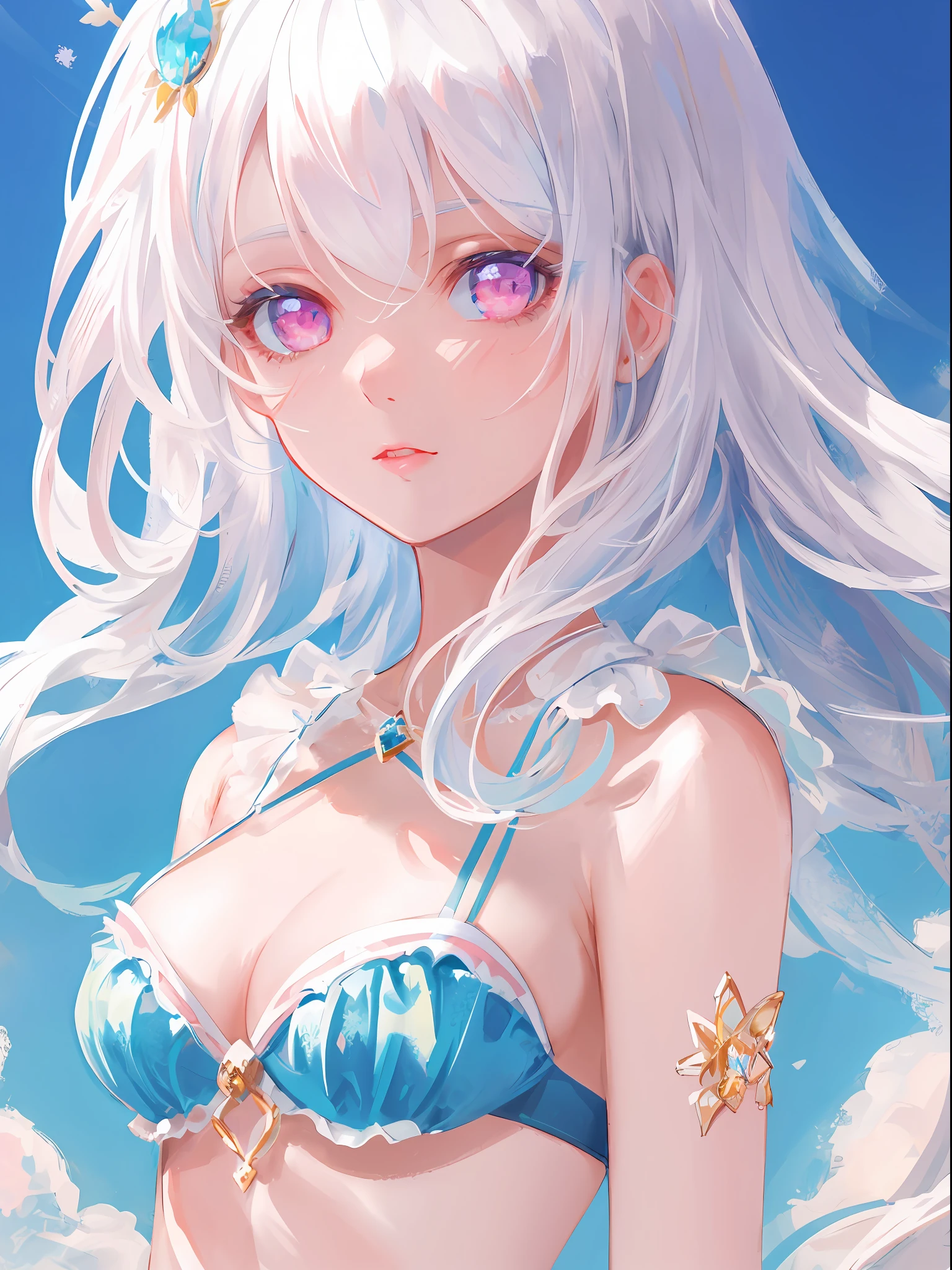 masterpiece, top quality, ultra detail, illustration,(1girl),beautiful detailed face, look at viewer, close-up, (focusing on upper body), white hair, shy, fairy, white and blue bikini, pink eyes,naughty girl