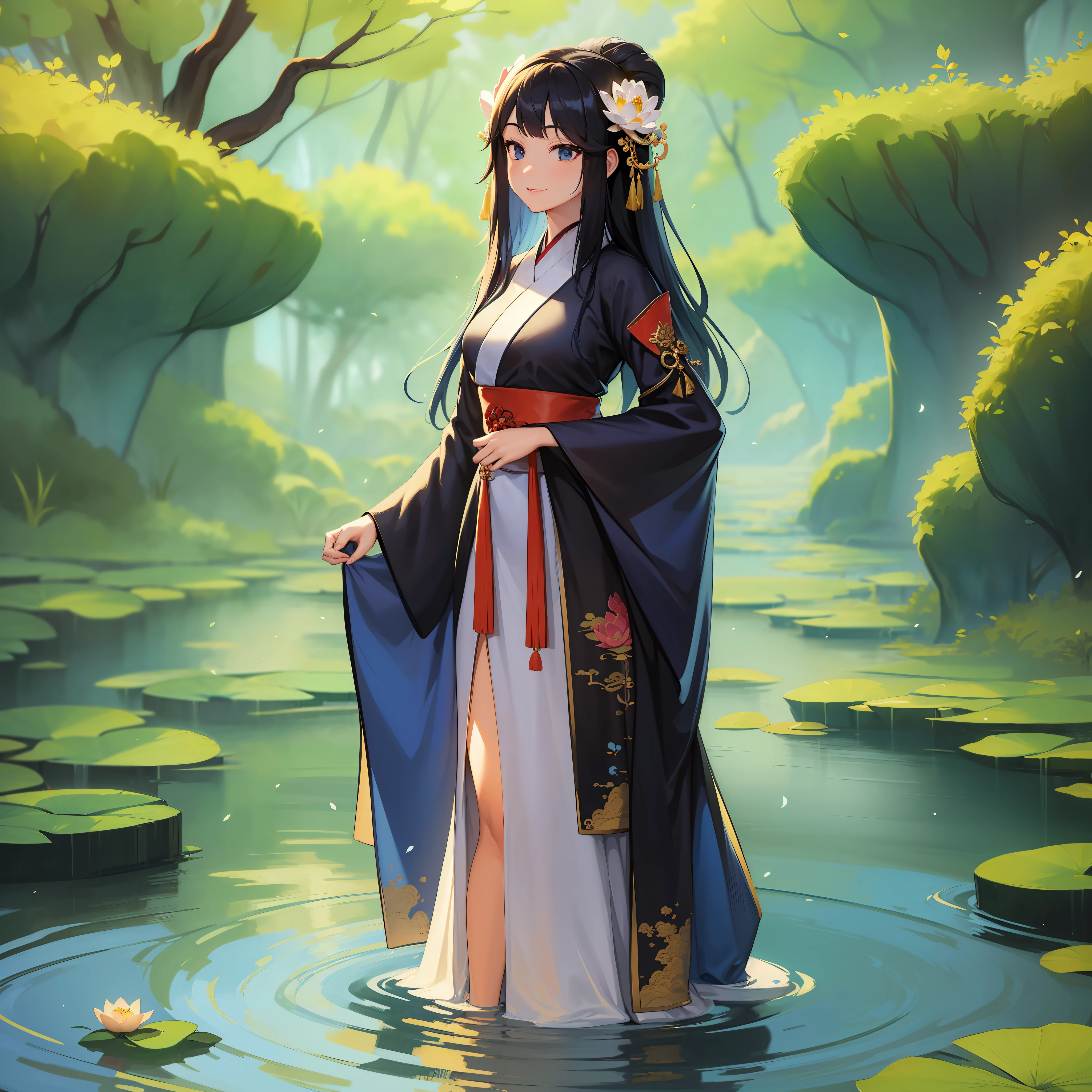 ((4k,masterpiece,best quality)), shuimobysim, Chinese painting, lotus, hanfu, maxiskit, dress boldly 1girl, solo, long blue hair, smile, standing, feet in water, barefoot, --auto --s2