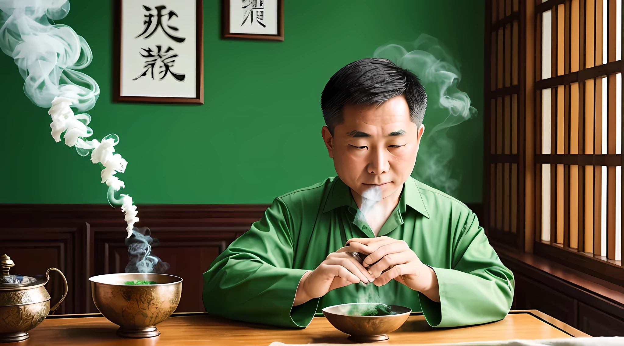 An award-winning photograph reveals a Chinese medicine practitioner. His hands emit a healing emerald smoke that infuses the herbal concoction, causing it to bubble softly and release a therapeutic fragrance that permeates the room --auto --s2