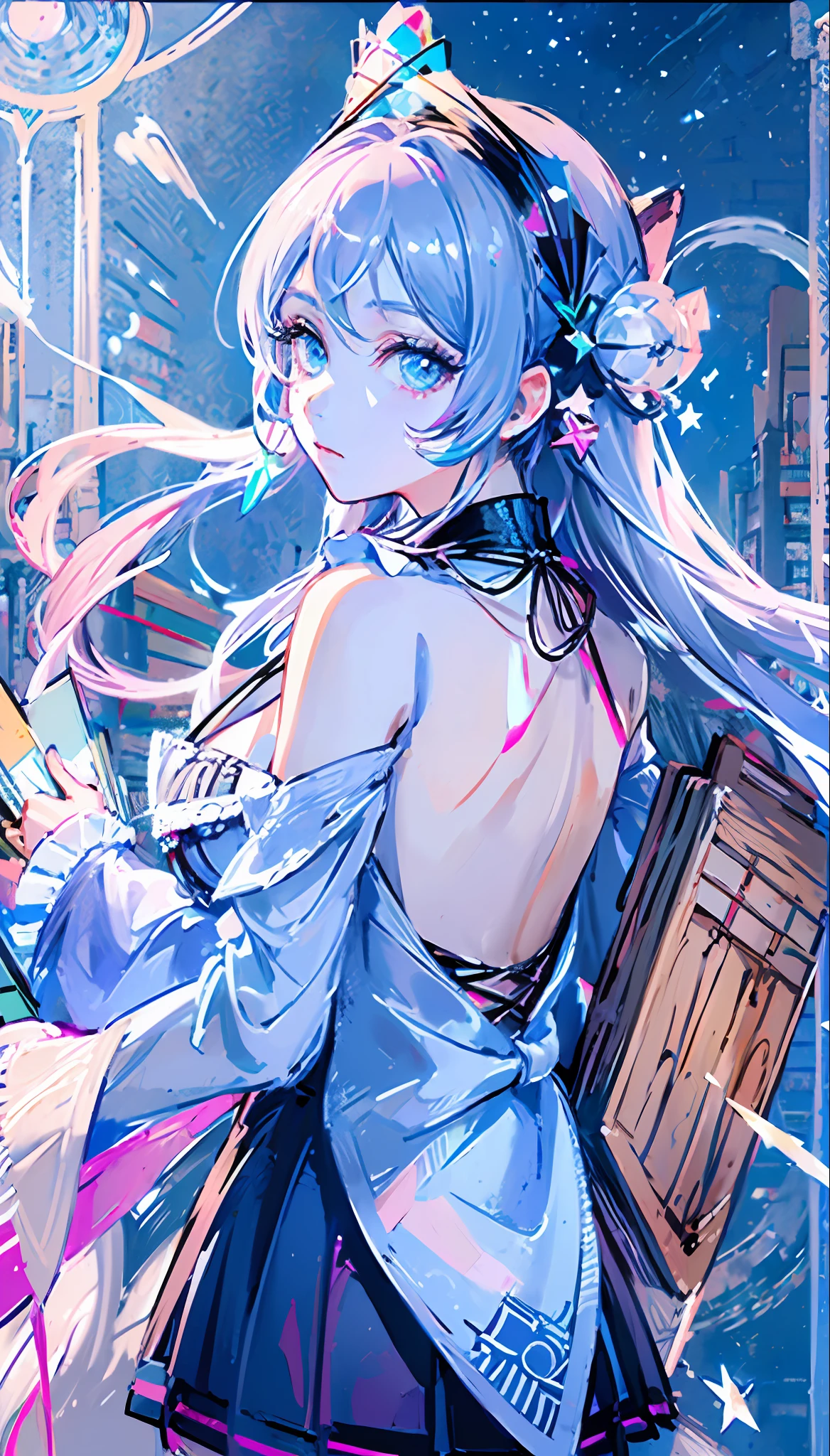 (Highest picture quality),(Master's wordecorationsd), (((1girl)))solo,long white hair,blue eyes, (no smile),best quality,finely detail,masterpiece, (magic book:1.4),(ultra-detailed),(Detailed eye description:1.2),(floating colorful wind:1.4),(Tarot border:1.4),(close-up:1.2),(looking to the side:1.3),(chaotic geometric images:1.3),(nagative space:0.8),(drawing board:1.3),(huge crystal ball and stars in behind :1.5),(ether colorful ink flowing:1.3),((library bookelf back ground:1.8)),big top sleeves, ((frills)), hair_ornament,blue ribbons, bowties, buttons, (((middle breast))),(white pleated skirt:1.2), ((sharp focus)), ((masterpiece)), (((best quality))), ((extremely etailed)), colorful, hdr, white hair,((Magus)),(upper body:1.5),(Face the viewer with a straight face:1.5)